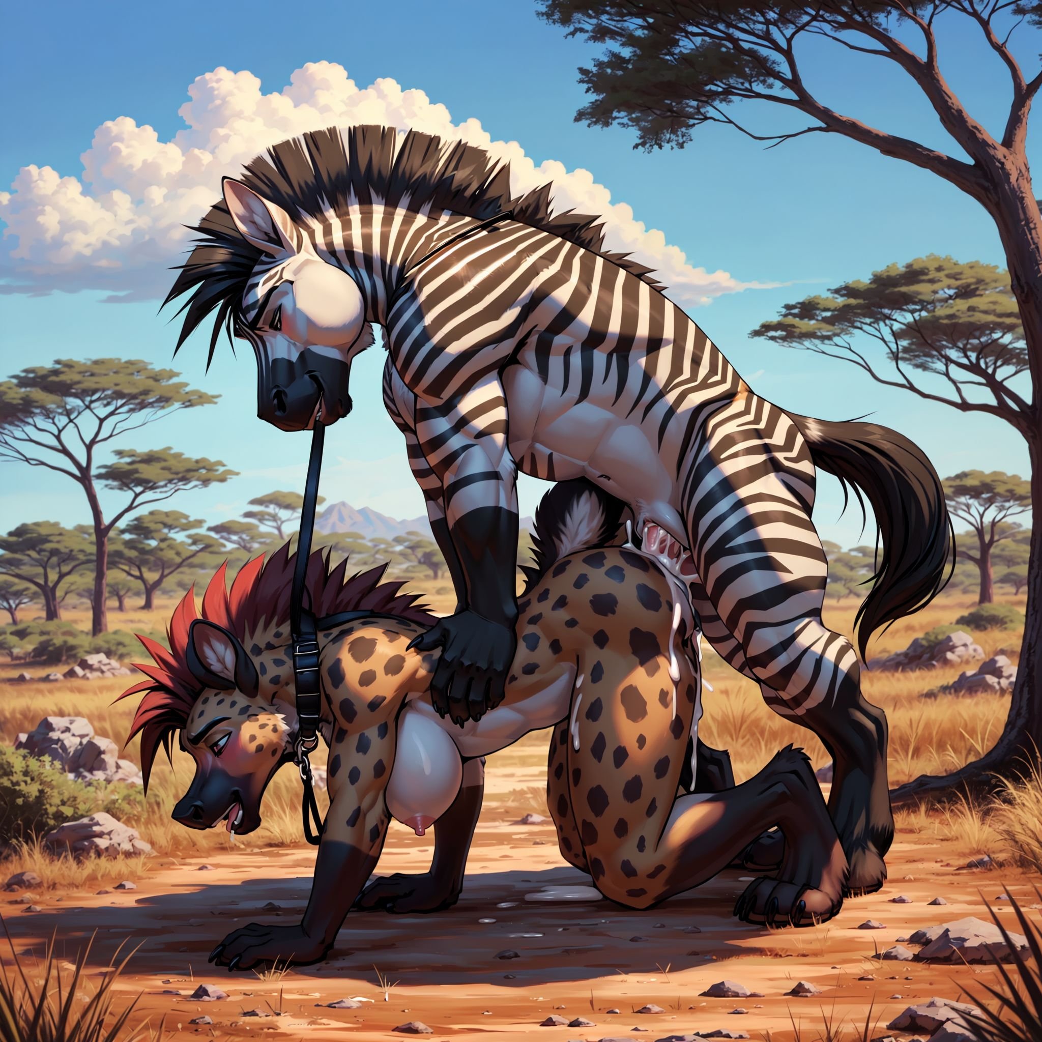 UHD 8k, HDR+, (duo), (1male anthro_zebra_with_[hooves::56]_(horse|zebra)_(tail:0.1), (pulling_a_leash)), (1female (anthro_spotted_hyena)_(with_claws:0.8):1.33)_(wearing_a_collar_with_a_leash:1.18) with breasts shaggy hair moaning , (rough_vaginal_sex:1.3), (cum_pooling:1.35), all_fours, male_penetrating_(from_behind:1.6), side view, absurd_res, savanna