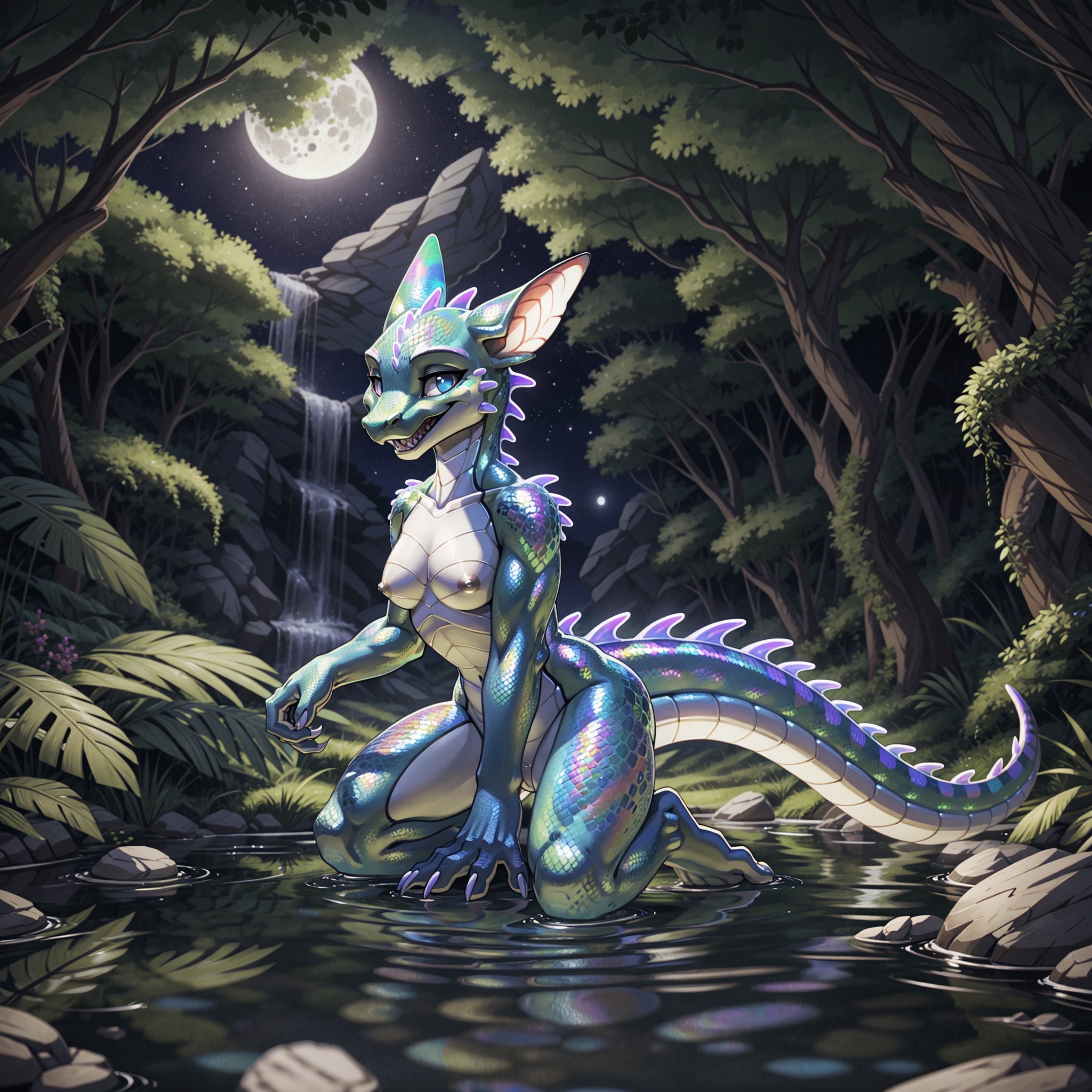 atmospheric lighting, moonlit grotto, highest quality, solo, 1female (shark|kobold), nude, ear_fins, (short_finned_tail:1.1), iridescent_(scales:1.4), (shark_teeth:1), stripes, nsfw, (4 fingers), (reflections)