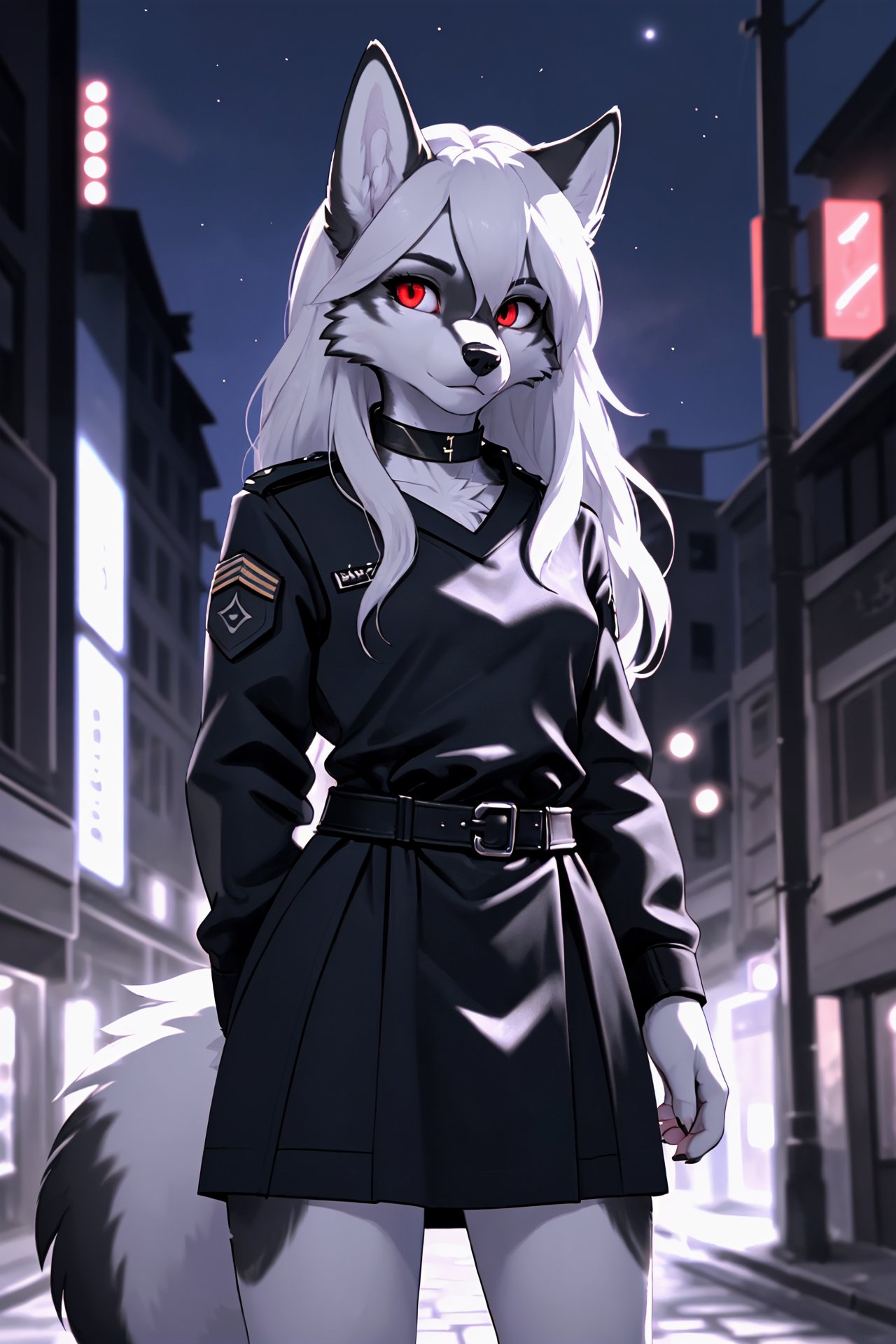 (masterpiece, best quality),altair, furry, furry female, 1girl, red eyes, animal_ears, canid, wolf, green choker, sketch, detailed fur skin, black military dress, sharp focus, fluffy, urban background,, uniform, dual tone fur, HDR, NSFW, black animal nose , ull body solo, tail, white hair, wolf_ears , 8k, (ultra realistic photograph, RAW photograph, anthro furry:1.1), furry, furry female, 1girl, red eyes, animal_ears, electricity, glowing, (hair_over_one_eye), looking_at_viewer, black and white fur, sword