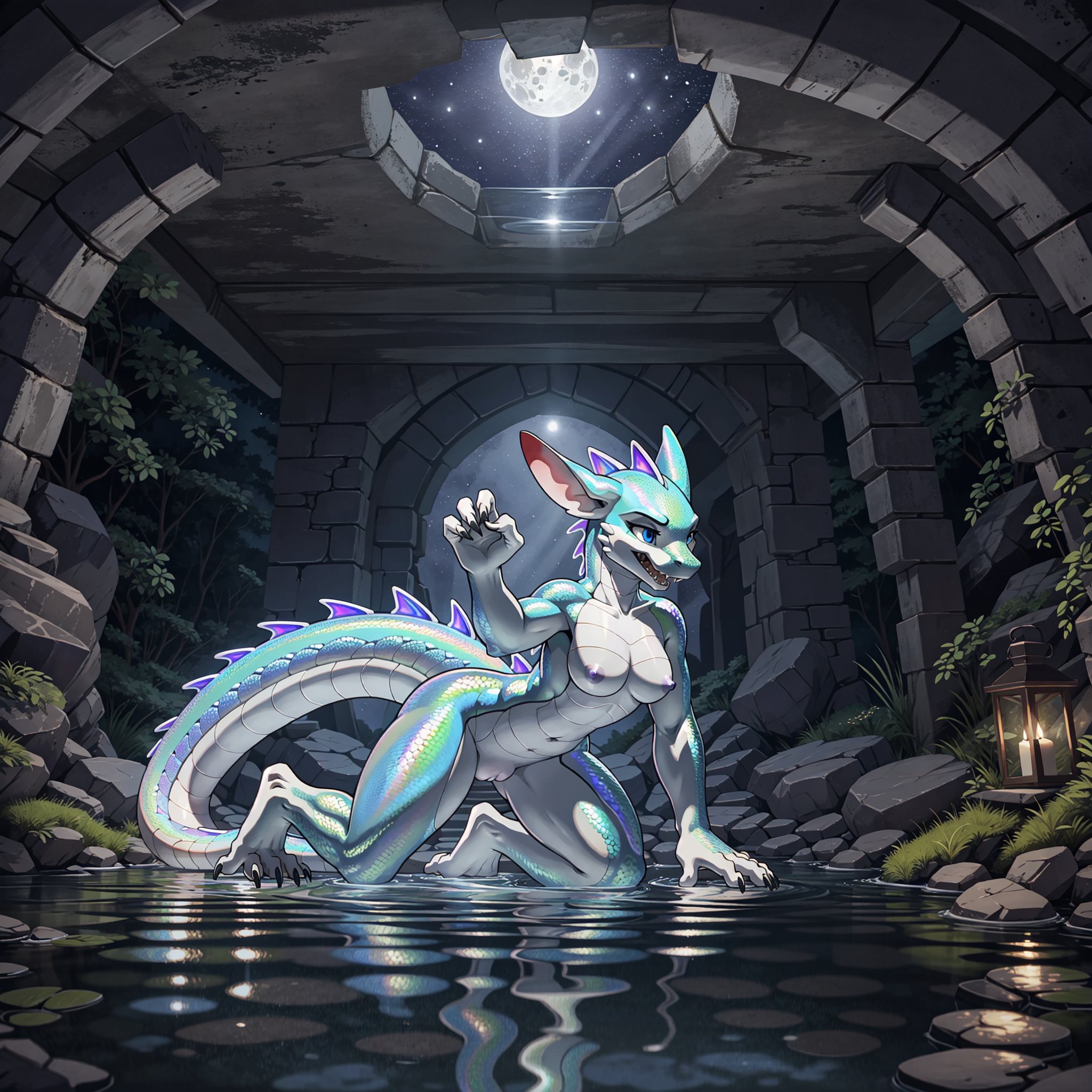 atmospheric lighting, moonlit grotto, highest quality, solo, 1female (shark|kobold), nude, ear_fins, (short_finned_[tail]:0.1), iridescent_(scales:1.4), (shark_teeth:1), stripes, nsfw, (4 fingers), (reflections)