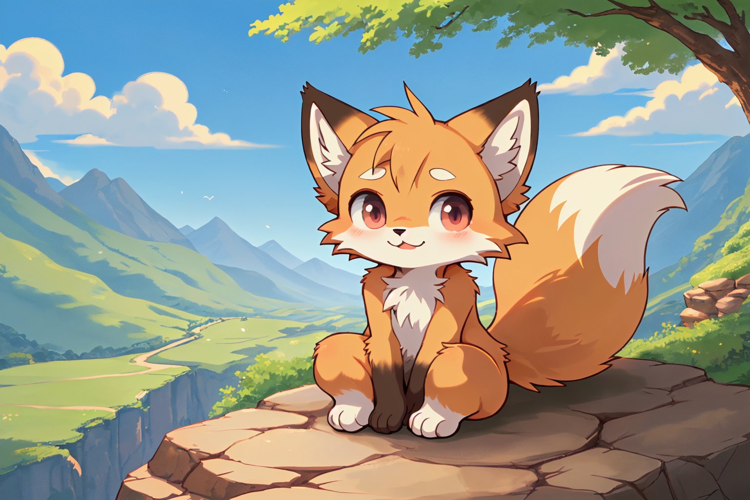 Adorable chibi fox in a scenic countryside, classic anime illustration, fine details, ultra sharpness, with cat