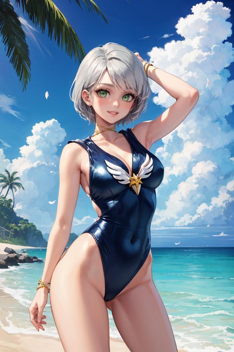 masterpiece, best quality, absurdres, SailorStarHealer, grey hair, green eyes, long hair, low ponytail, outdoors, beach, one-piece swimsuit, smile, laughing, palm tree, petals, sun, clouds, ocean, waves, <lora:CHAR-SailorStarHealer:0.9>