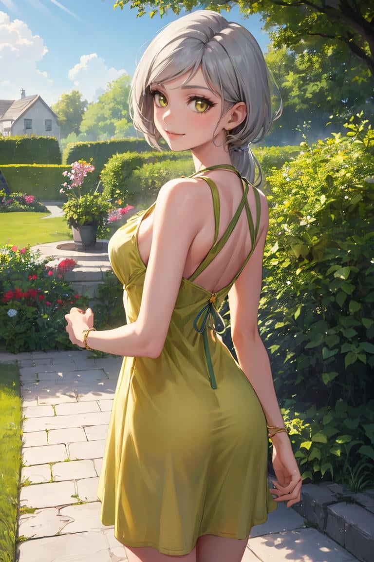 masterpiece, best quality, absurdres, SailorStarHealer, grey hair, long hair, low ponytail, from behind, (yellow sundress), garden, day, sunshine, smile, looking back, <lora:CHAR-SailorStarHealer:0.9>