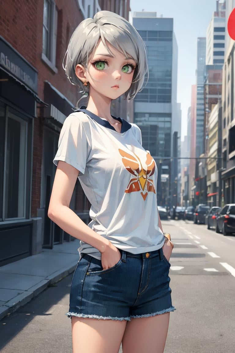 masterpiece, best quality, absurdres, SailorStarHealer, grey hair, green eyes, long hair, low ponytail, t-shirt, denim shorts, standing, outdoors, city, hands in pockets, <lora:CHAR-SailorStarHealer:0.9>