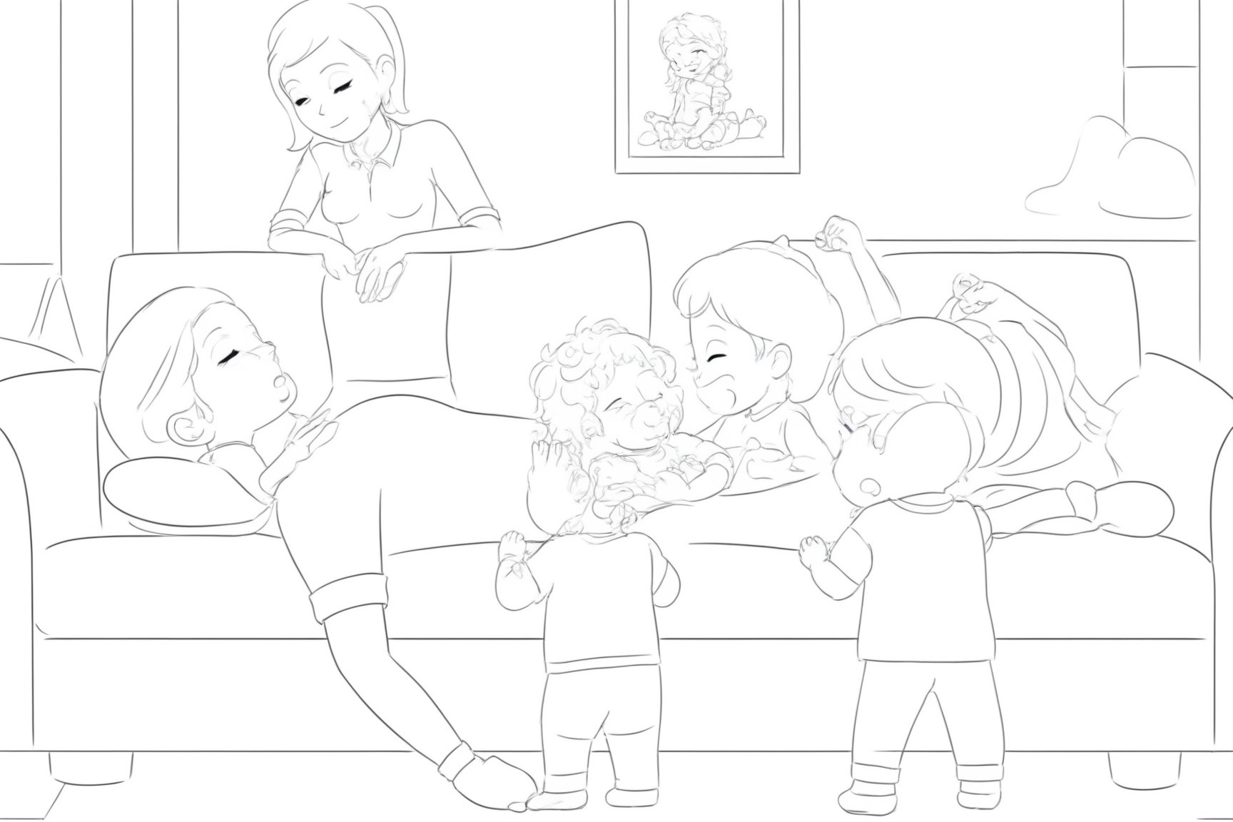 Unique Masterpiece,B&W minimalist pencil drawing, 
Mother and children, whilde daddy is sleeping
