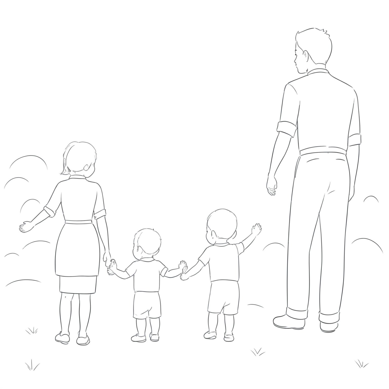 Unique Masterpiece,B&W minimalist pencil drawing, 
1 Baby boy and his elder sister, walking, hands raising, view from behind, backs
