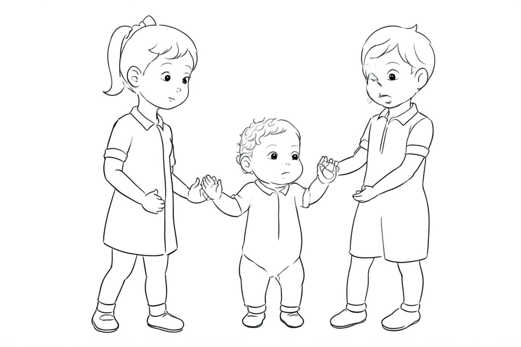 Unique Masterpiece,B&W minimalist pencil drawing, 
1 Baby boy and his elder siste, standing, clapping hands
