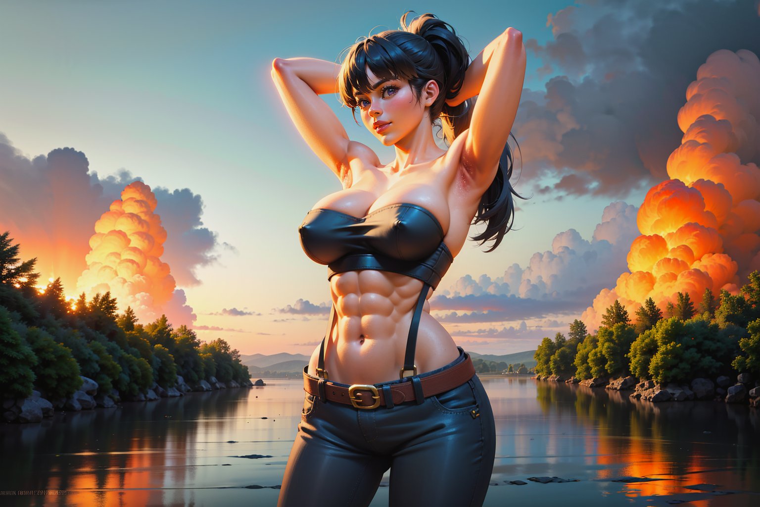 landscape, flower,outdoors,sky,cloud,water,tree,1girl, solo, long hair, breasts, looking at viewer, bangs, large breasts, black hair, navel, cleavage, standing, purple eyes, collarbone, ponytail, cowboy shot, midriff, shiny, belt, pants, armpits, huge breasts, arms up, lips, shiny skin, strapless, muscular, watermark, abs, suspenders, fire, arms behind head, muscular female, tube top