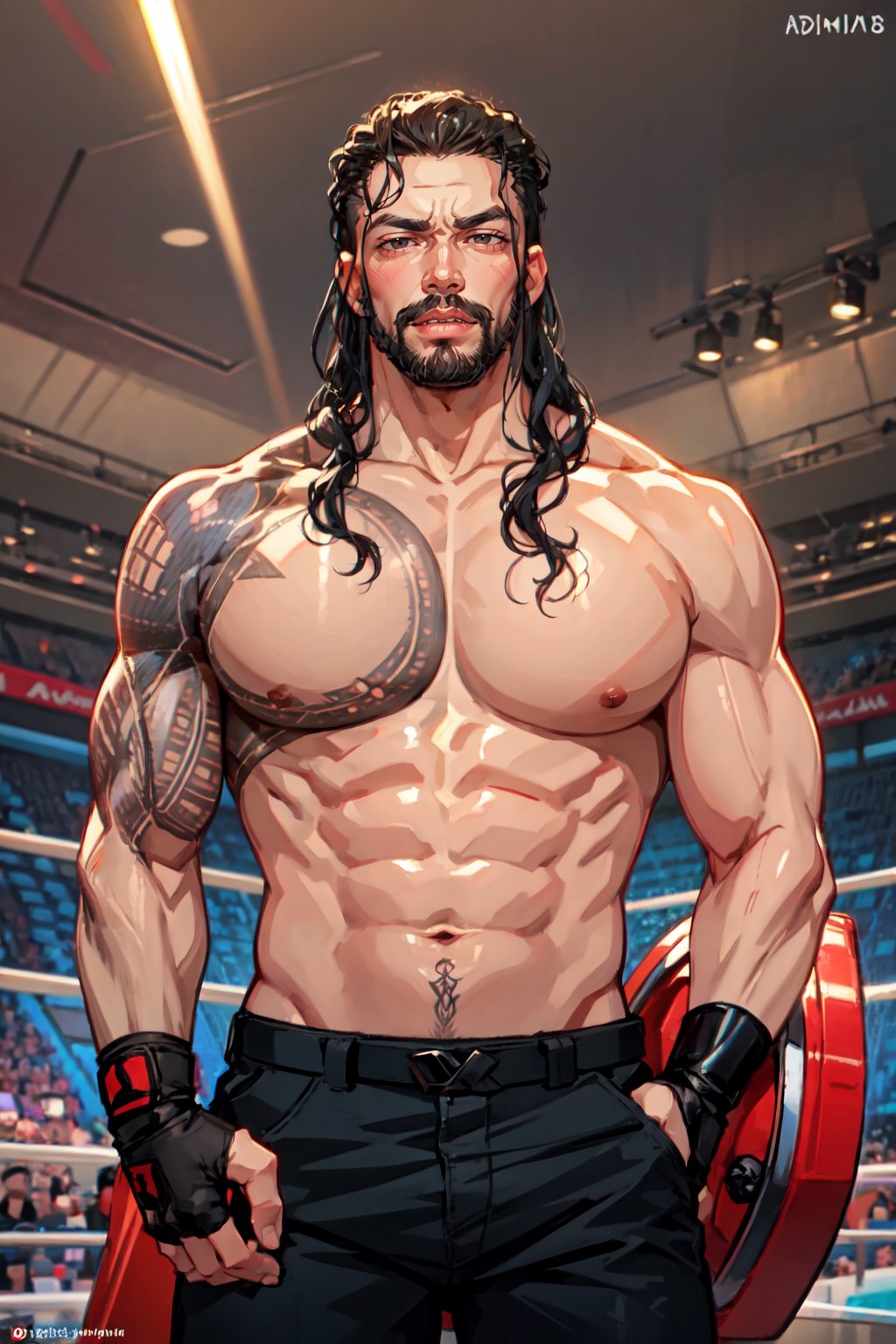 roman reigns, 1boy, solo, male focus, black hair, facial hair, beard, tattoo, long hair, abs, black eyes, gloves, fingerless gloves