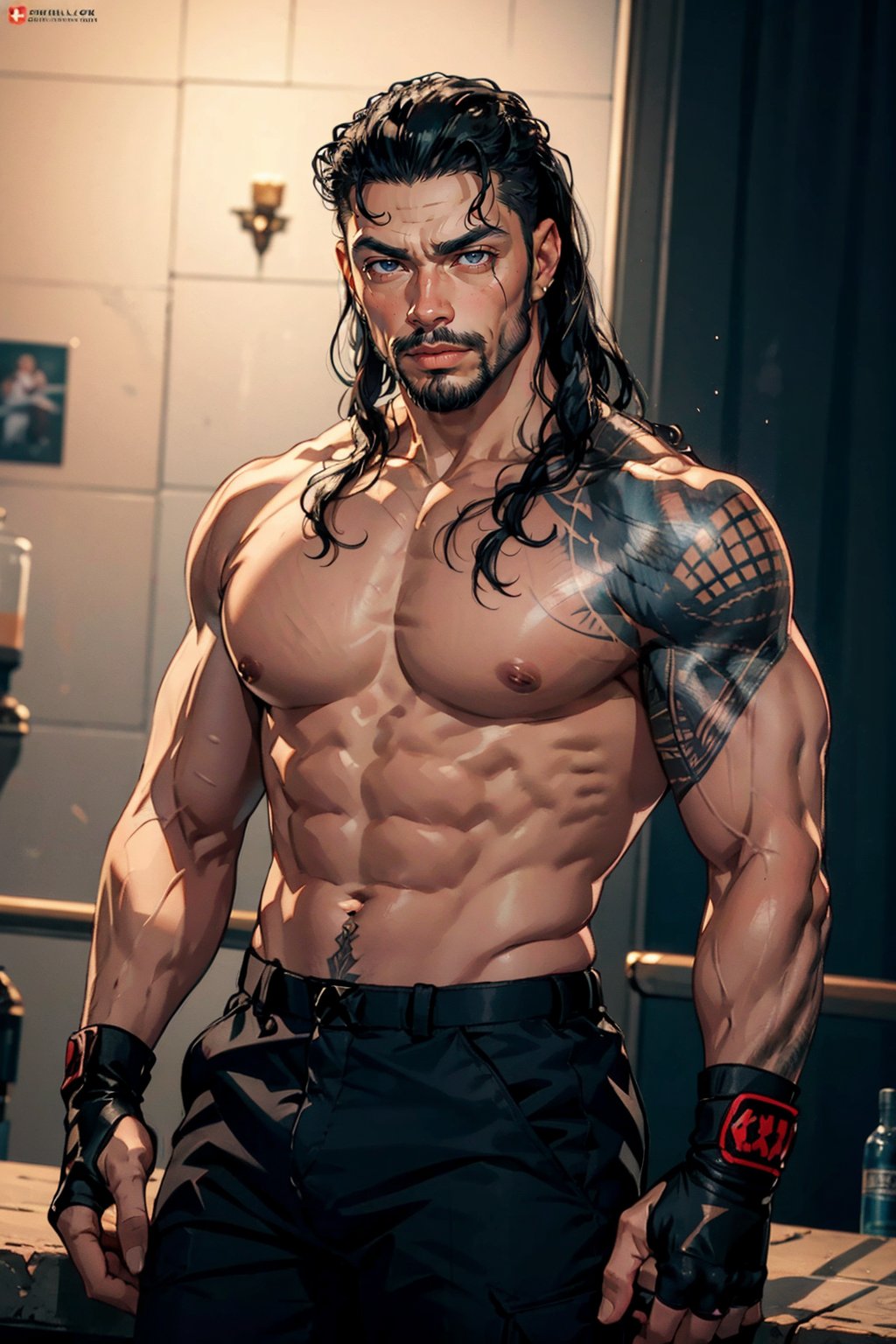 roman reigns, 1boy, solo, male focus, black hair, facial hair, beard, tattoo, long hair, abs, black eyes, gloves, fingerless gloves,highres