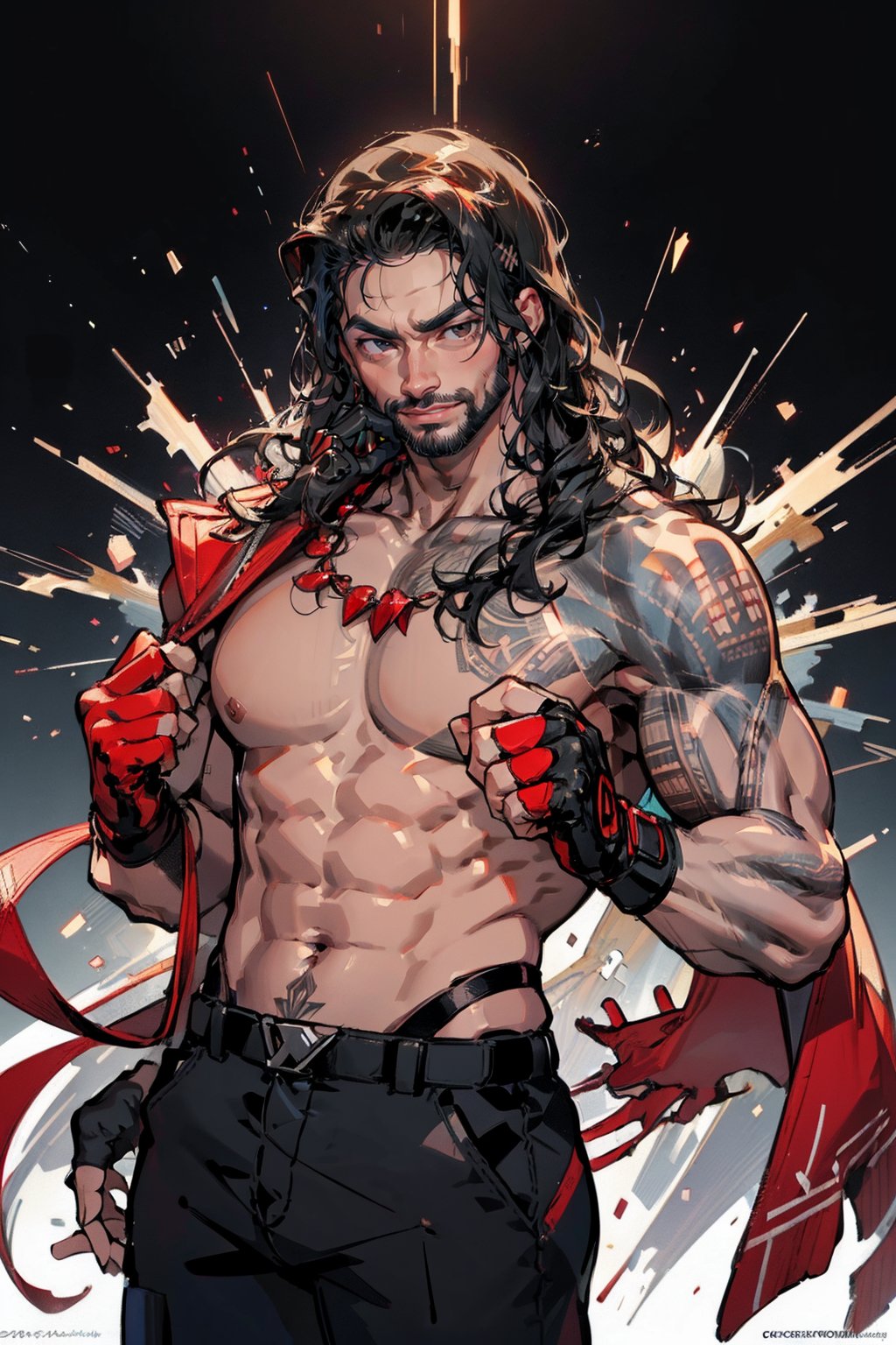 roman reigns, 1boy, solo, male focus, black hair, facial hair, beard, tattoo, long hair, abs, ((black eyes)), gloves, fingerless gloves,highres, red gloves, ((red necklace)), smile