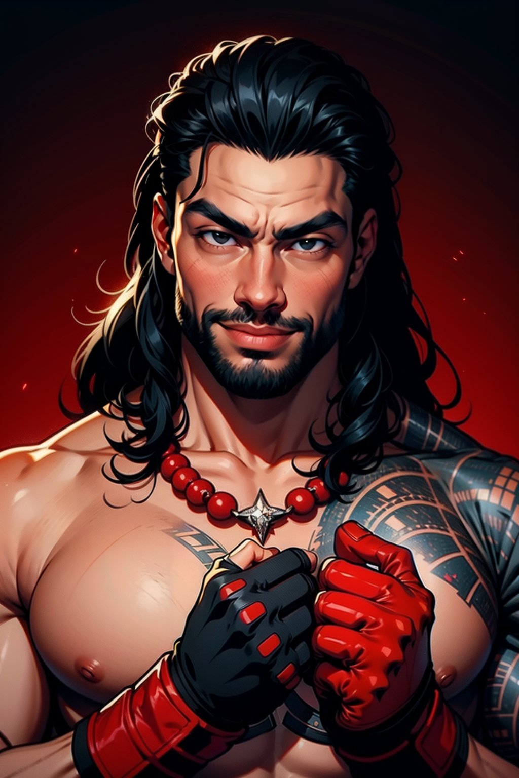 roman reigns, 1boy, solo, male focus, black hair, facial hair, beard, tattoo, long hair, abs, ((black eyes)), gloves, fingerless gloves,highres, red gloves, ((red necklace)), smile,portrait