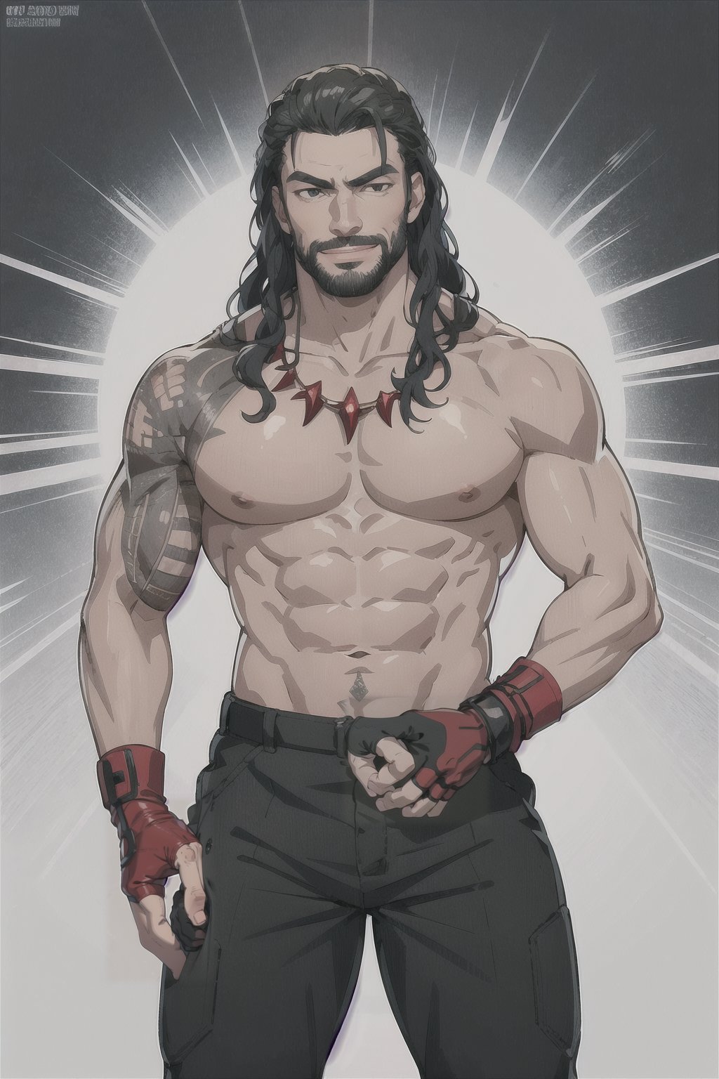 roman reigns, 1boy, solo, male focus, black hair, facial hair, beard, tattoo, long hair, abs, ((black eyes)), gloves, fingerless gloves,highres, red gloves, ((red necklace)), smile