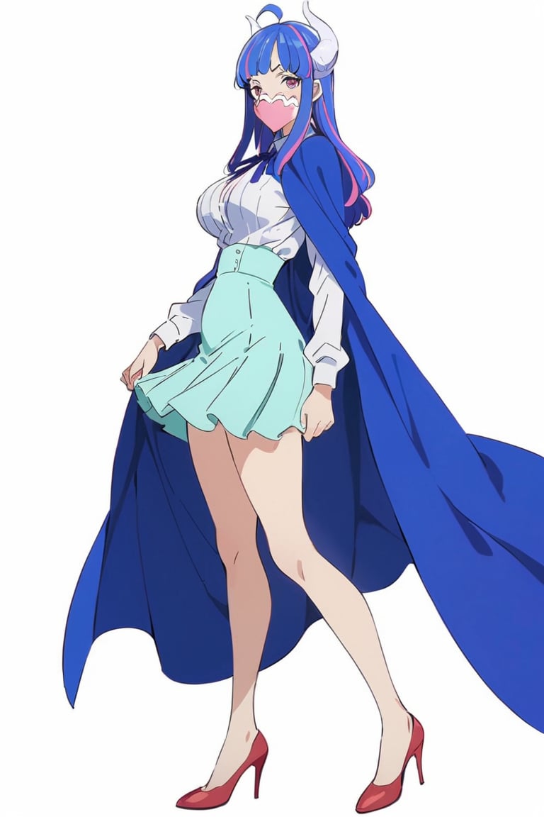 Visual Anime, masterpiece, best quality, @Ulti half dino, Ulti anime, 1girl, solo, breasts, 20 y.o, blue hair, ahoge, curled horns, two-tone hair, multicolored hair, pink mask, mouth mask, white shirt, blue high-waist skirt, blue ribbon, neck ribbon, blue cape, white background, fullbody, standing, bare legs, red footwear, high heels, clean background, long shoot, long sleeves, skirt, aqua skirt,anime_screencap