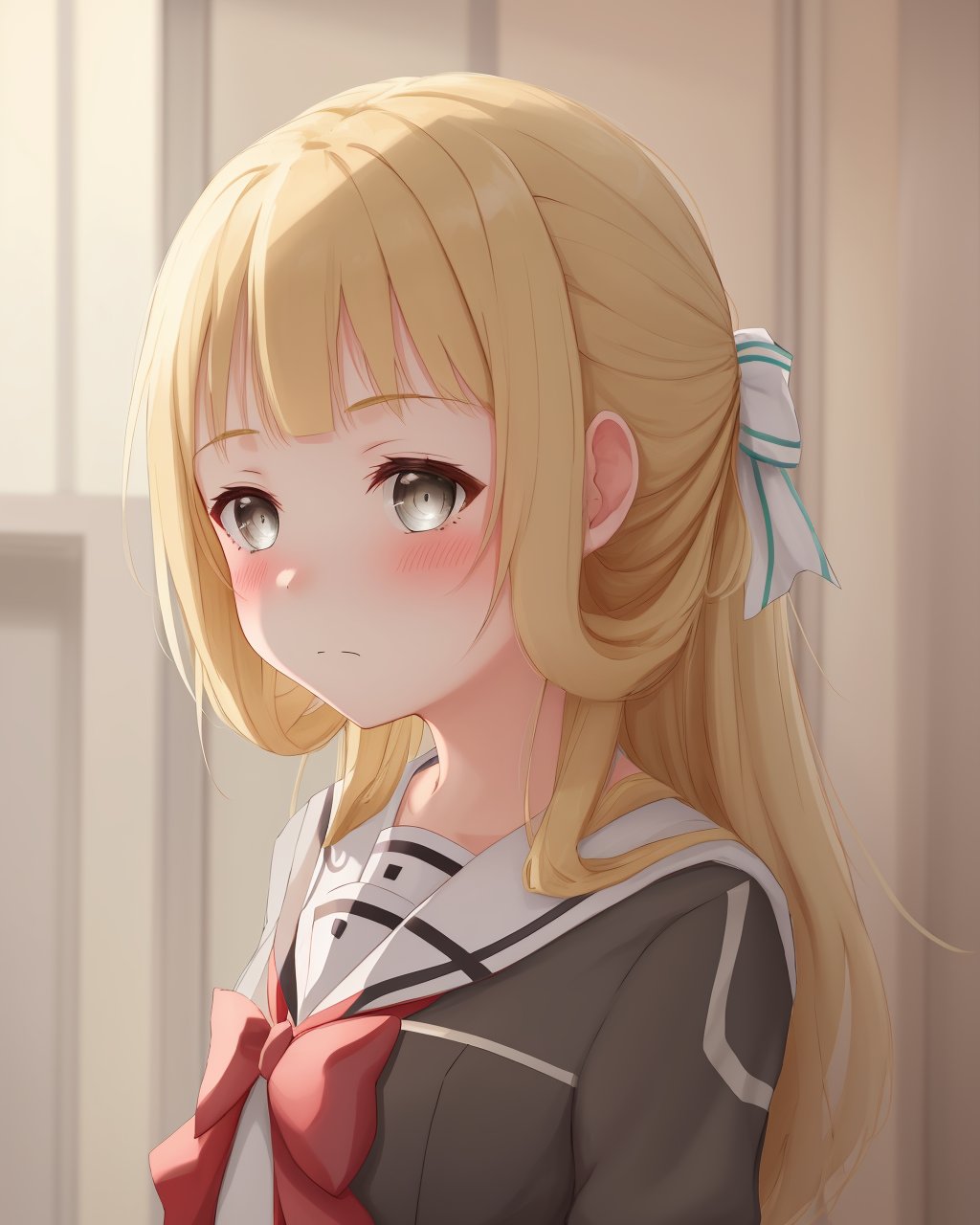 <lora:Nogi_Sonoko-10:1>,1girl,solo,blush, blonde hair, brown hair,grey eyes,school uniform, hair ribbon, serafuku, blunt bangs, bowtie, sailor collar, red bow, dres,