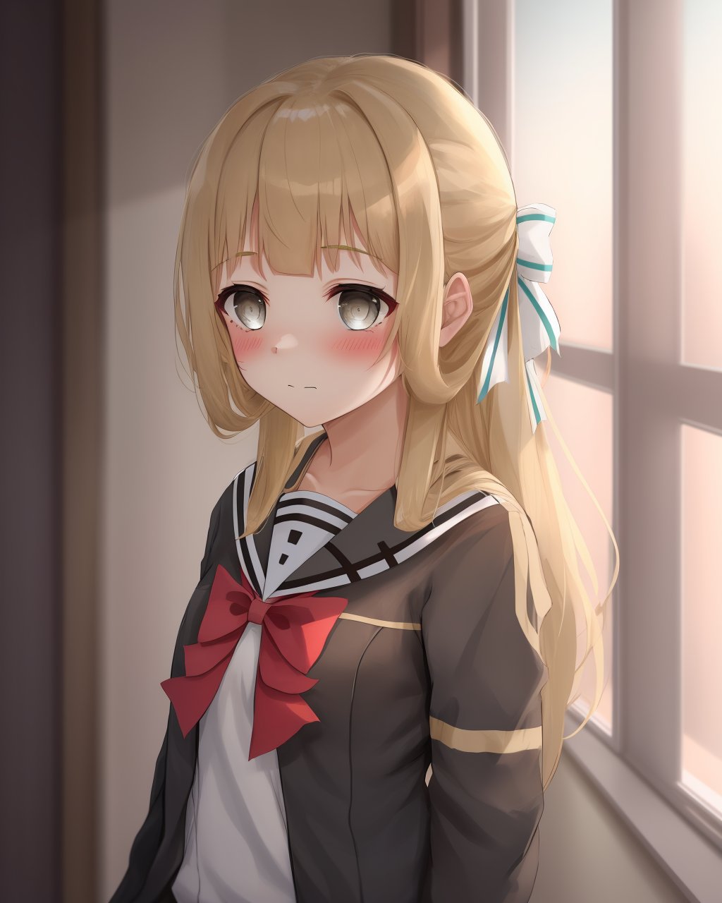 <lora:Nogi_Sonoko-10:1>,1girl,solo,blush, blonde hair, brown hair,grey eyes,school uniform, hair ribbon, serafuku, blunt bangs, bowtie, sailor collar, red bow, dres,