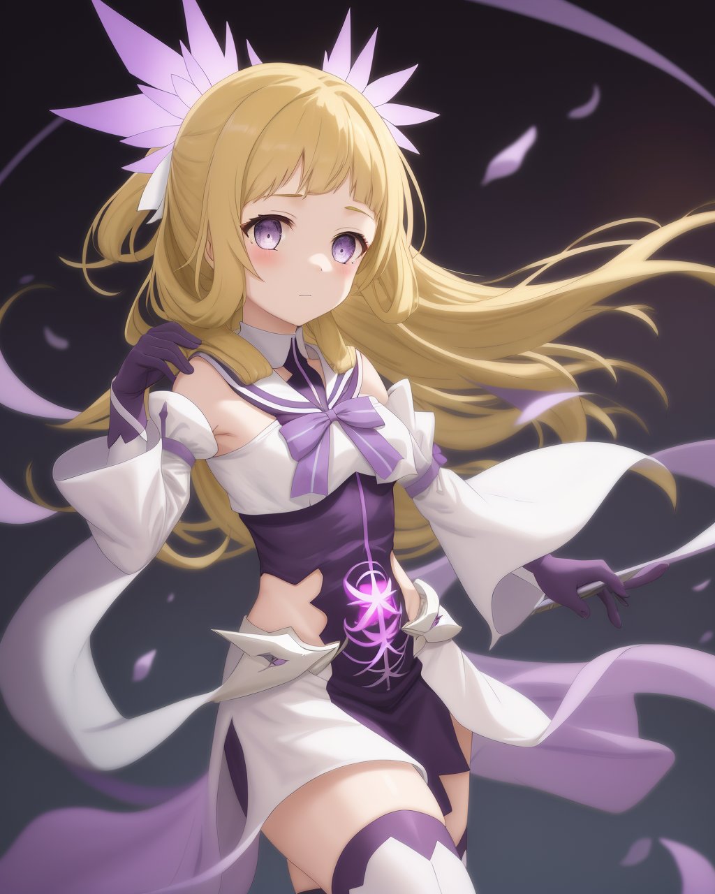 <lora:Nogi_Sonoko-10:1>,1girl,solo, gray eyes,long hair, blonde hair,purple dress,wide white sleeves,purple ribbon,purple stockings,hair ornament,bare shoulders,detached sleeves, black gloves, blunt bangs, magical girl,