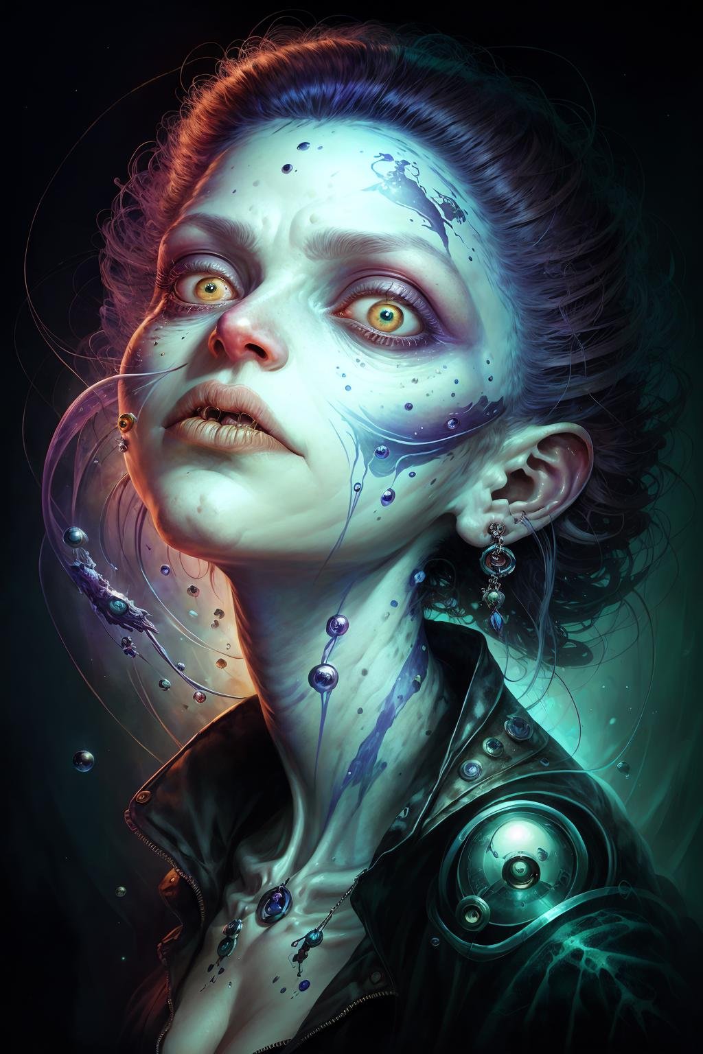 In the style of both Alejandro Burdisio and Aleksi Briclot, a close-up poster featuring a (woman with expressive eyes:1.2) caught in a digital light symphony of (random shapes creating a mesmerizing void:0.8), where the interplay between their artistic visions accentuates her allure and enigma, monsters00d  <lora:monsters00d:0.9>
