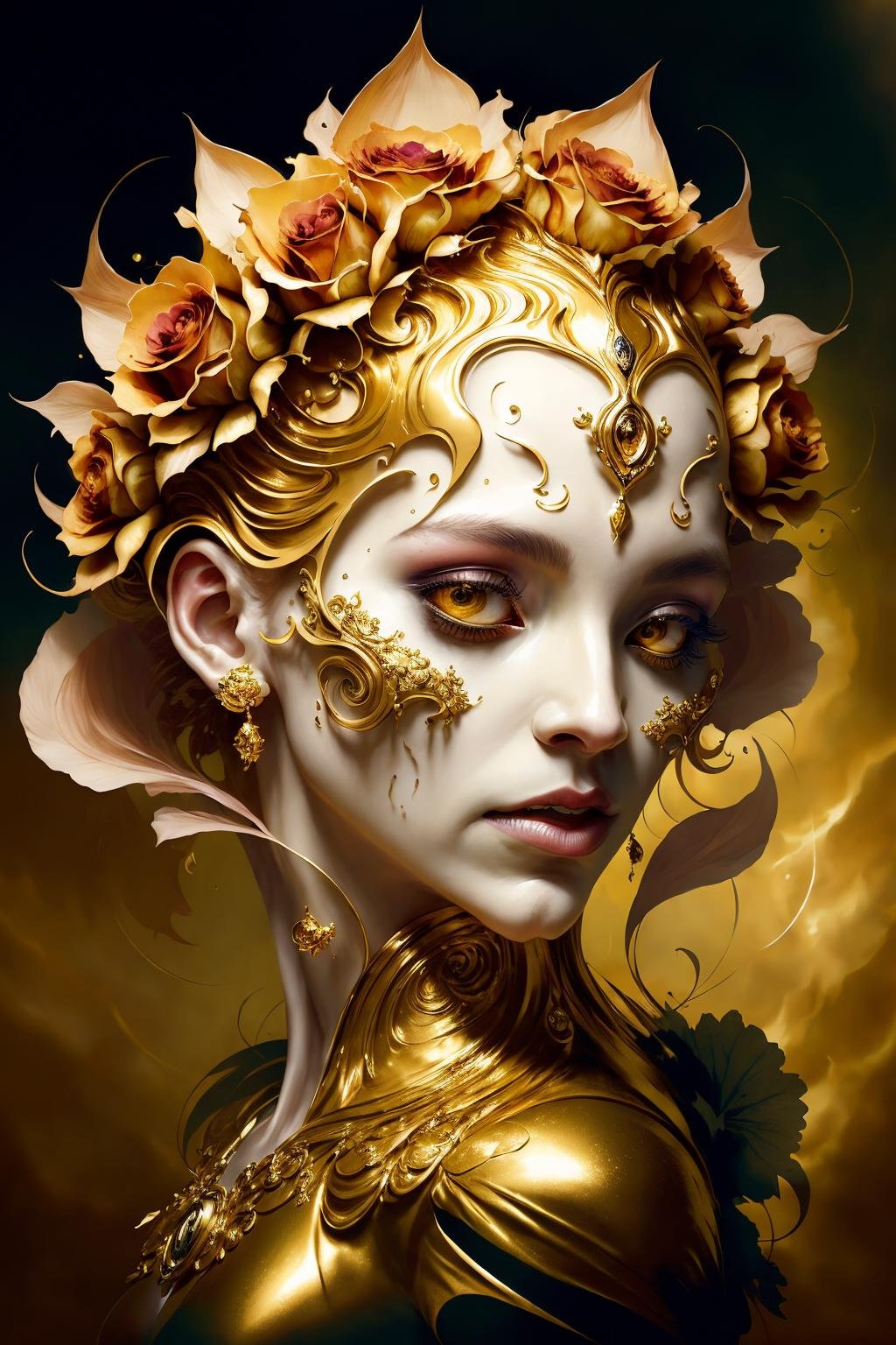 A concept art inspired ultra-detailed artistic abstract photograph of a woman's face with voluminous golden white roses adorning her features, set against an atmospheric backdrop reminiscent of Alberto Seveso's work. The mix of gold and white colors creates a dazzling color explosion that enhances the intricate details of the image, monsters00d  <lora:monsters00d:0.9>