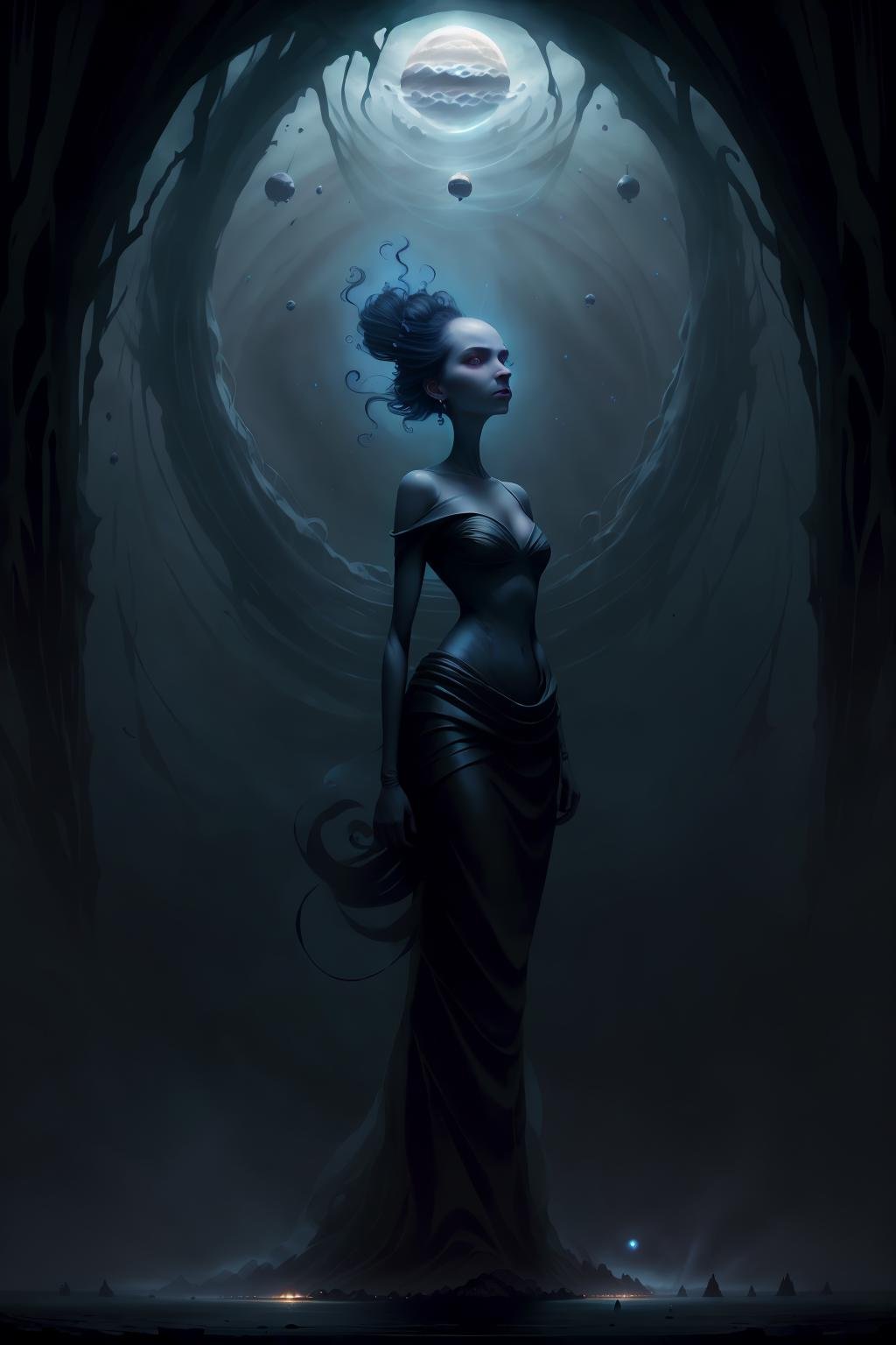 In the realm of Alex Andreev's style, a stunning woman with an alluring gaze (donning regal attire:0.6) stands in an ethereal setting, her silhouette gracefully swept by a (mystical force:0.9), which connects to the event horizon of a distant black hole, creating an otherworldly scene of beauty and power intertwined with cosmic wonder monsters00d  <lora:monsters00d:0.9>