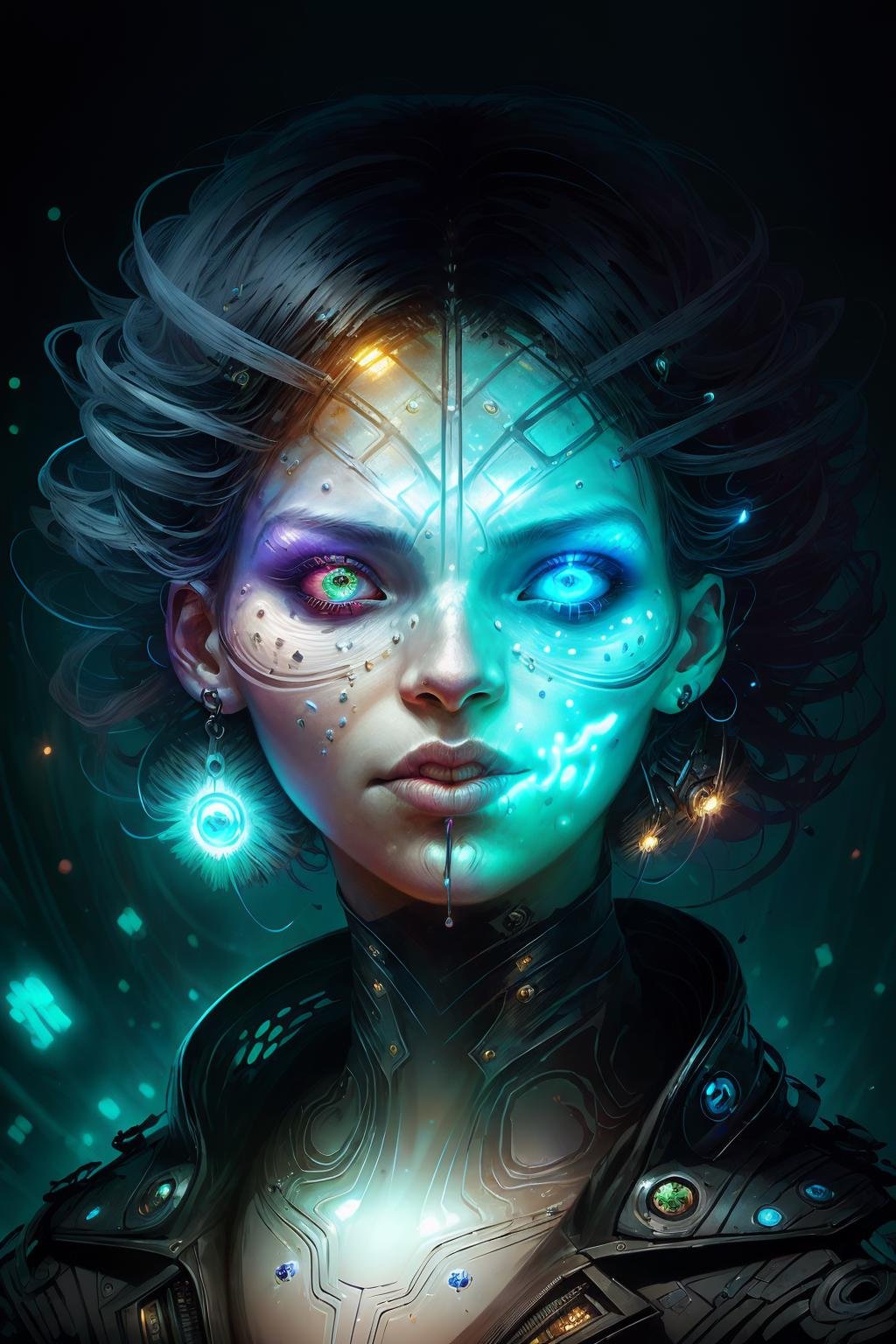 Combining Alejandro Burdisio's style with Aleksi Briclot's flair, A stunning close-up of a woman (whose face is illuminated by sweeping digital light:1.6) amidst an array of (intricate random shapes that form the backdrop:1.2), creating a mesmerizing void filled with pulsating energy and allure, monsters00d  <lora:monsters00d:0.6>