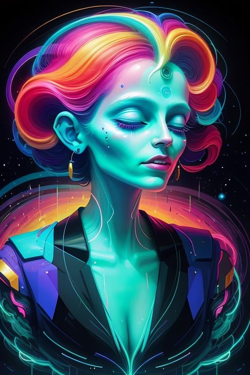 80s Vibe, a cosmic goddess in a minimalist painting, her radiant form embodying the essence of equanimity amidst a backdrop of abstract digital code and glitch aesthetic motifs, evoking a sense of nostalgia for the decade that defined generative art's origins., monsters00d  <lora:monsters00d:0.7>