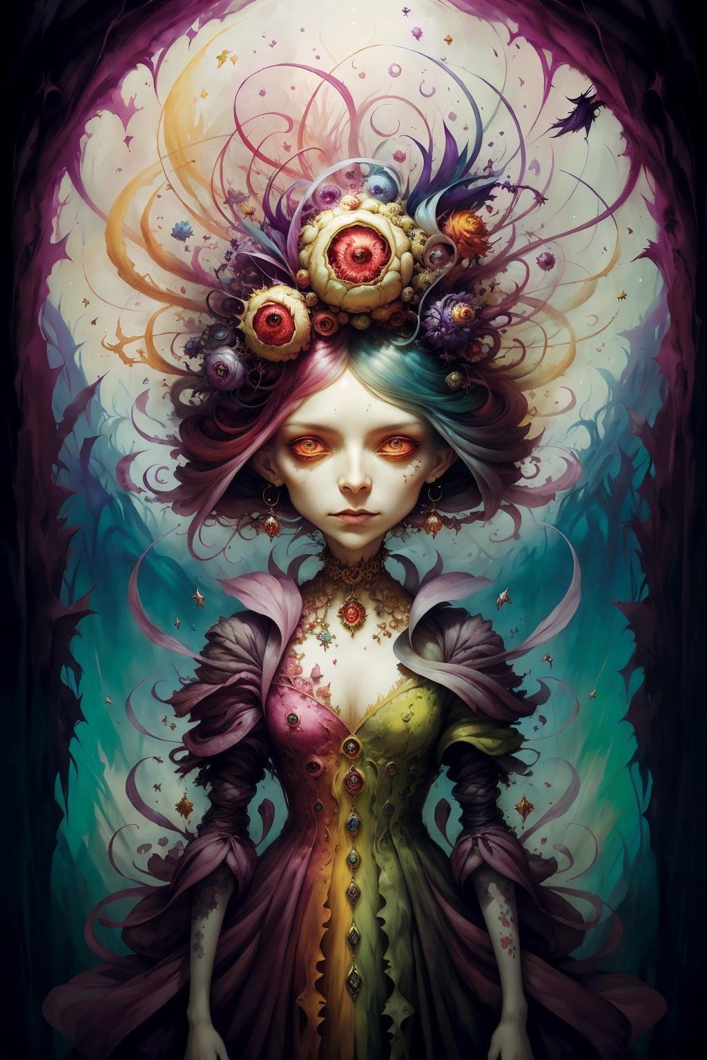 Witness a vibrant, surreal landscape in the enchanting style of Anne Bachelier as an otherworldly monster intrudes upon our world with swirling hues and vivid tones, unleashing chaos amidst a kaleidoscopic backdrop of radiant colors, showcasing her distinctive brushwork, monsters00d  <lora:monsters00d:0.9>