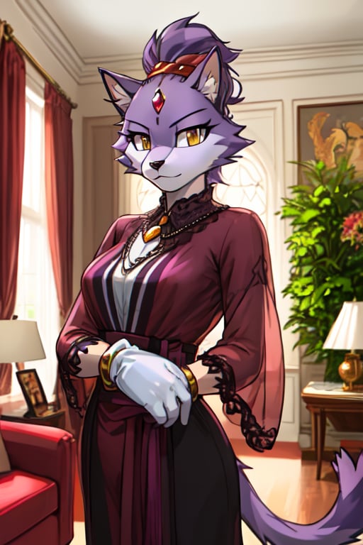 master piece, HD, ultra detailled, high definition, high_res, high_resolution, portrait, cat, female, furry, purple_fur, amber_eyes, , white_gloves, bracelets, blouse, forehead_gem, standing, living room, blazethecat, fantasy00d,furry,Detailedface,fantasy00d