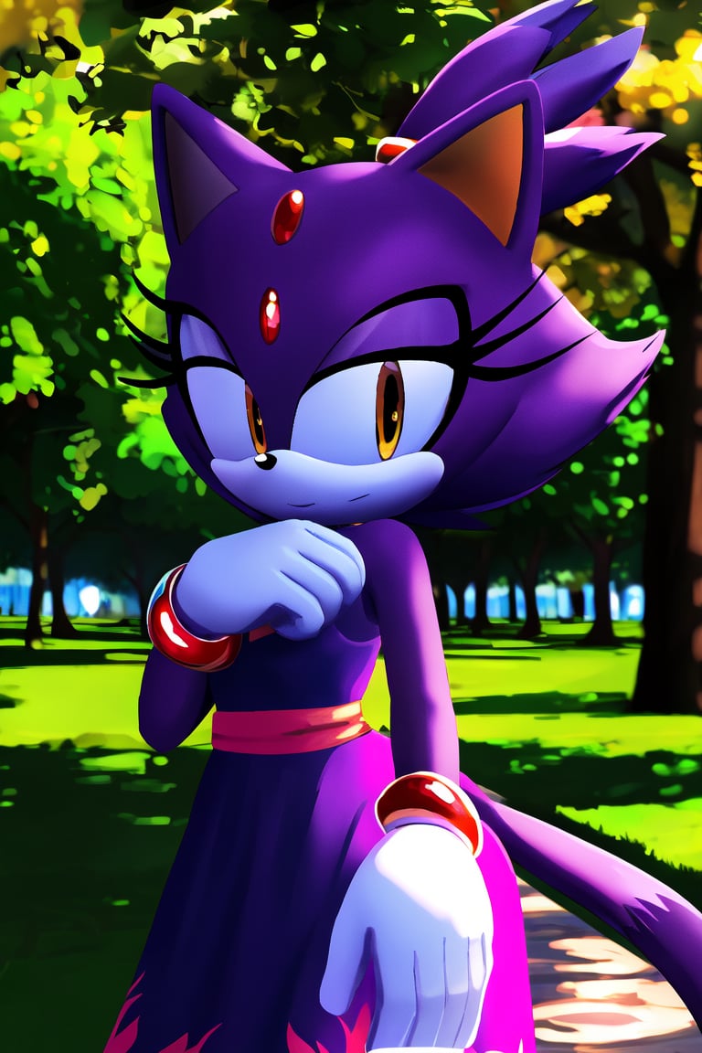 master piece, HD, ultra detailled, high definition, high_res, high_resolution, portrait, cat, female, furry, purple_fur, amber_eyes, , white_gloves, bracelets, purple_dress, forehead_gem, standing, park,blazethecat,SonicDiffusion