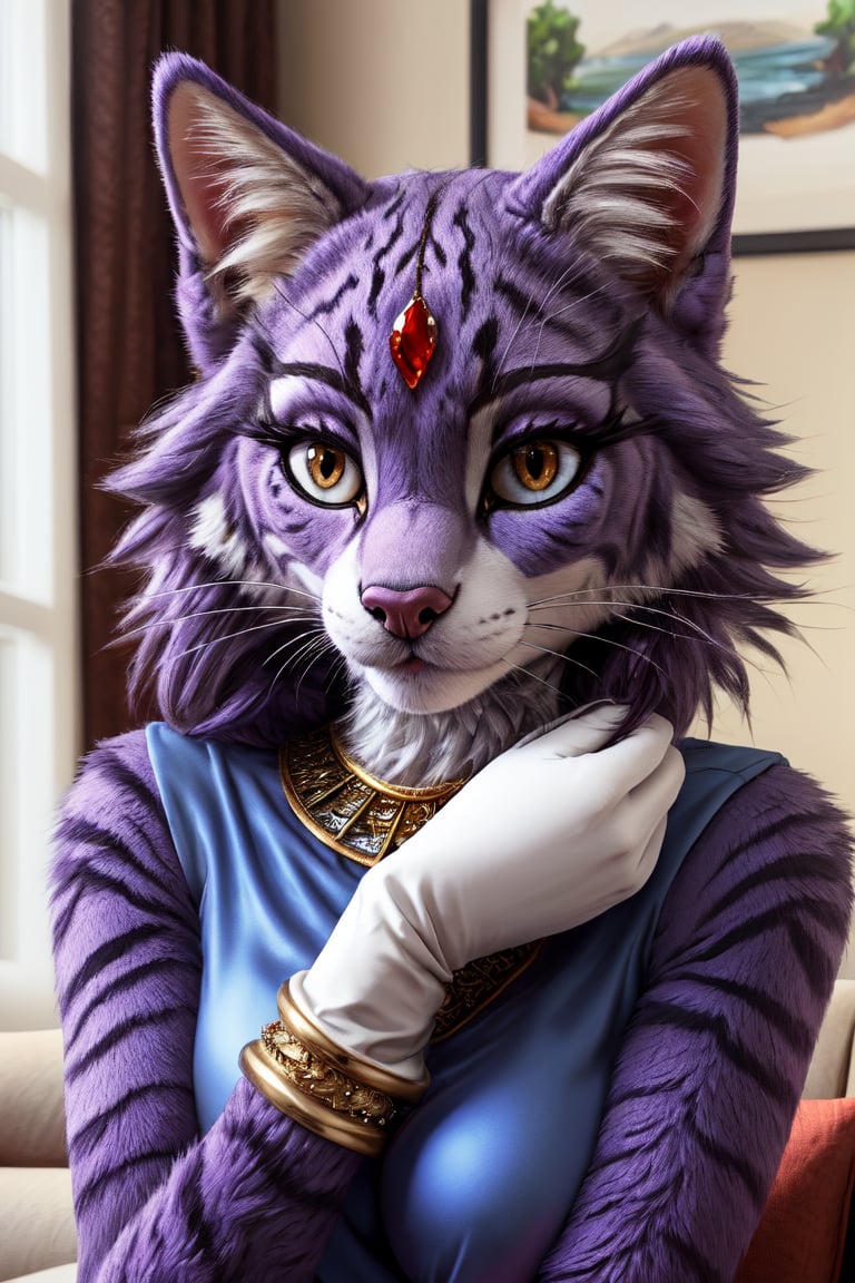 master piece, HD, ultra detailled, high definition, high_res, high_resolution, portrait, cat, female, furry, purple_fur, amber_eyes, , white_gloves, bracelets, blouse, forehead_gem, living room, blazethecat, fantasy00d,furry,Detailedface,fantasy00d