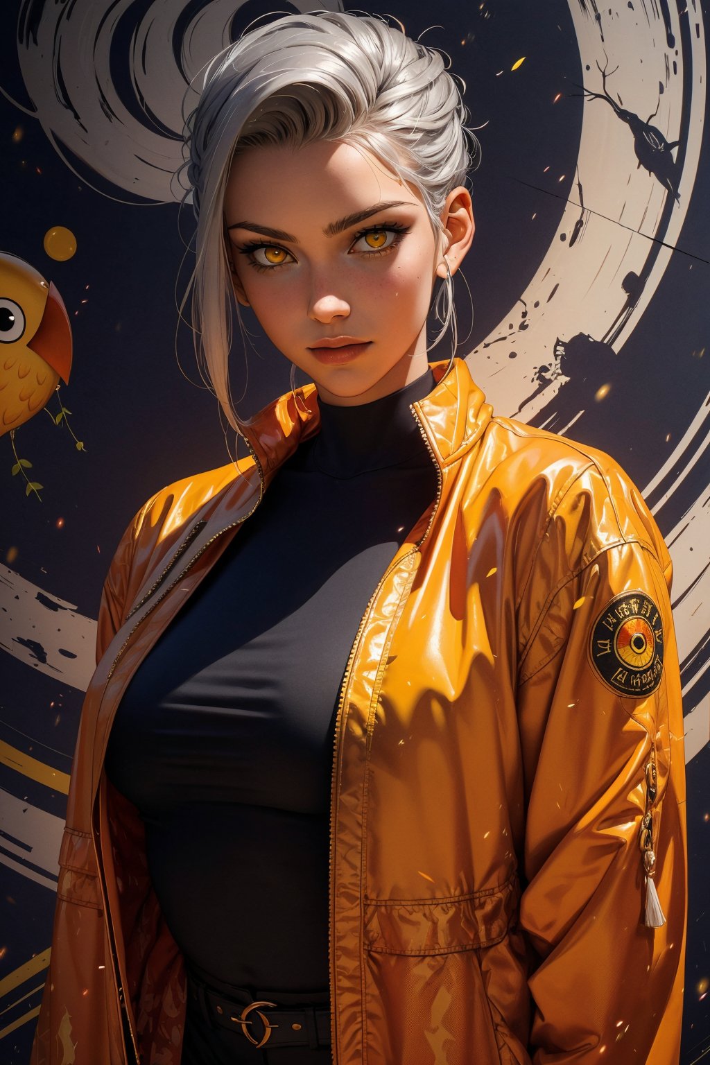 1 girl, alone, a beautiful woman 35 years old, looking at viewer, long silver-grey hair slicked back, yellow eyes, milf, bbw, muscular. she wears a red shirt and a orange jacket, urban psychedelic outfit, psychedelic owl background, masterpiece, oil painting, impasto, soft shading, sciamano240, 1girl, Eda Clawthorne