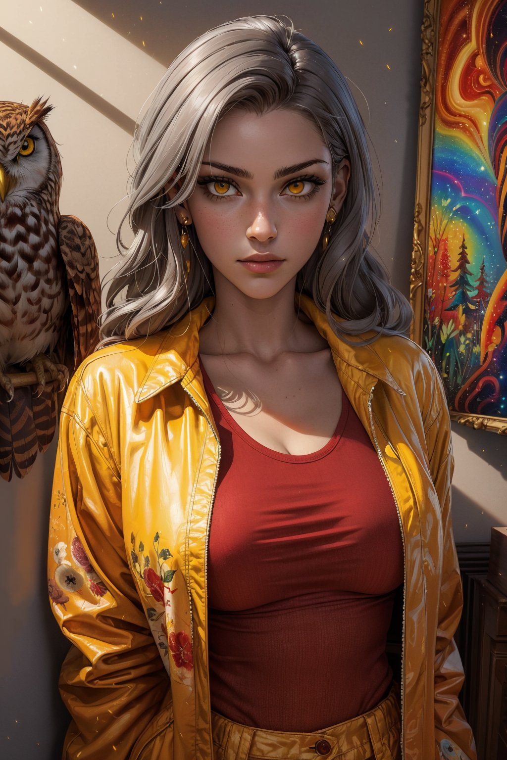 1 girl, alone, a beautiful woman 35 years old, looking at viewer, silver grey brown hair, yellow eyes, milf, bbw, muscular. she wears a red shirt and a orange jacket, urban psychedelic outfit, psychedelic owl background, masterpiece, oil painting, impasto, soft shading, sciamano240, 1girl, Eda Clawthorne