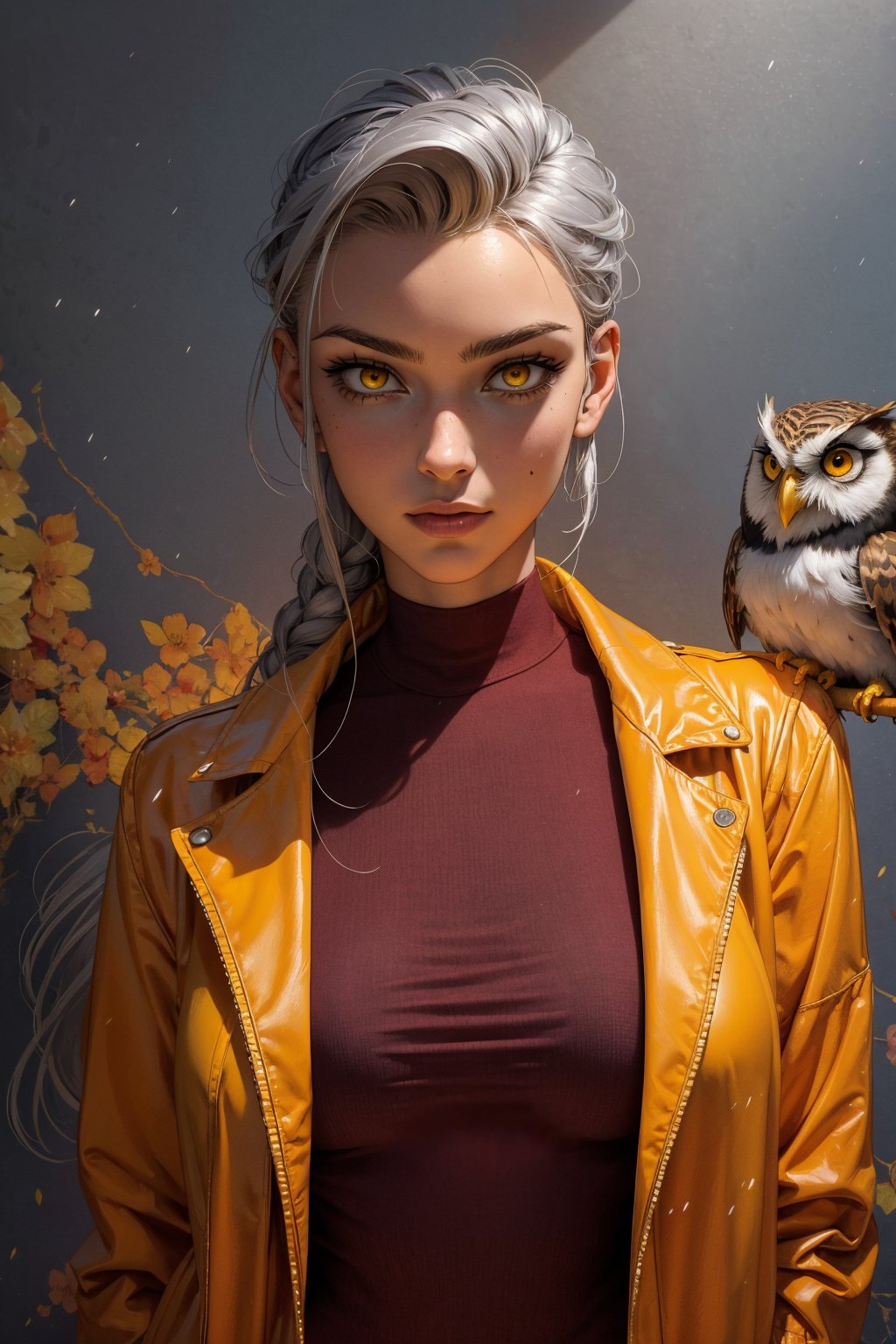 1 girl, alone, a beautiful woman 35 years old, looking at viewer, long silver grey hair slicked back, yellow eyes, milf, bbw, muscular. she wears a red shirt and a orange jacket, urban psychedelic outfit, psychedelic owl background, masterpiece, oil painting, impasto, soft shading, sciamano240, 1girl, Eda Clawthorne