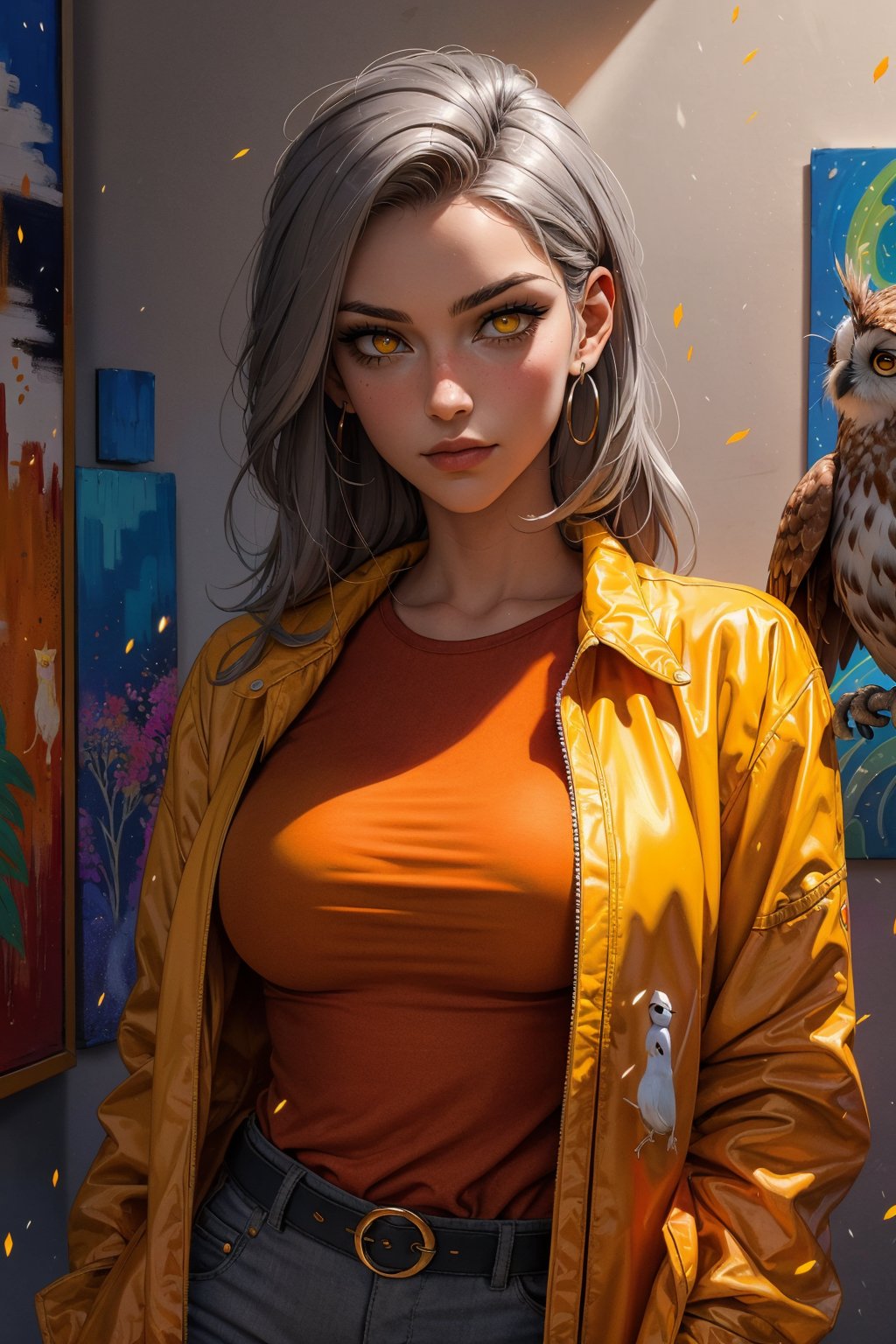 1 girl, alone, a beautiful woman 35 years old, looking at viewer, silver grey brown hair, yellow eyes, milf, bbw, muscular. she wears a red shirt and a orange jacket, urban psychedelic outfit, psychedelic owl background, masterpiece, oil painting, impasto, soft shading, sciamano240, 1girl, Eda Clawthorne