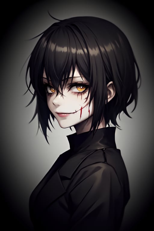 master piece, HD, ultra detailled, high definition, high_res, high_resolution, portrait, in_profile, 1girl, creepy, short-hair, jacket, shaded_eyes, amber_eyes, forced_smile, cut_checks, scars, looking_at_viewer, blood_stains, dark art, gloomy, glasglow_smile,nodf_lora