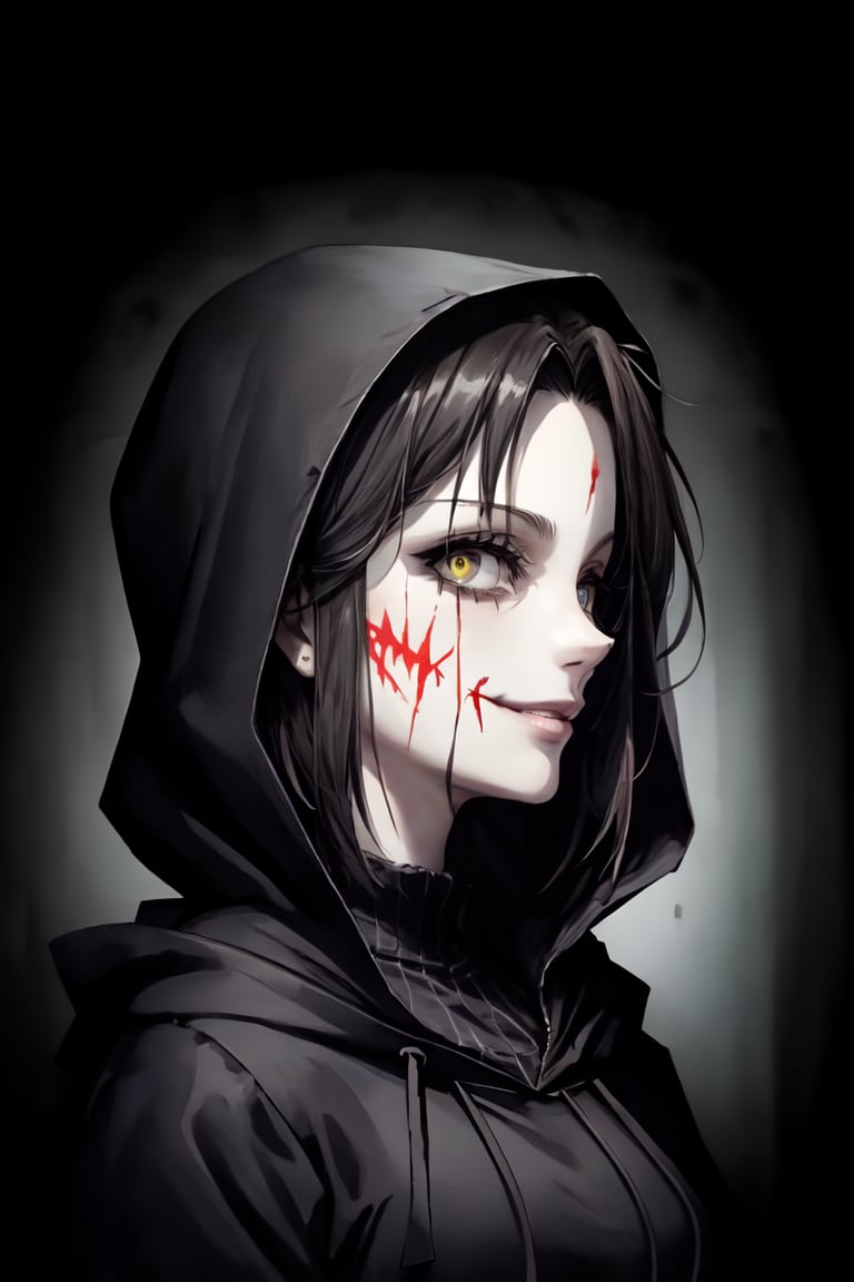 master piece, HD, ultra detailled, high definition, high_res, high_resolution, portrait, in_profile, 1girl, creepy, short-hair, hooded_jacket, shaded_eyes, amber_eyes, forced_smile, cut_checks, scars, psycho face, looking_at_viewer, blood_stains, dark art, gloomy, glasglow_smile,nodf_lora