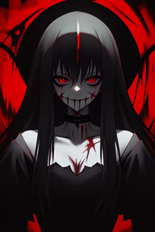 master piece, HD, ultra detailled, high definition, high_res, high_resolution, portrait, 1girls, creepy, shaded_eyes, red_eyes, forced_smile, cut_checks, scars, looking_at_viewer, blood_stains, mirror, dark art, gloomy, glasglow_smile