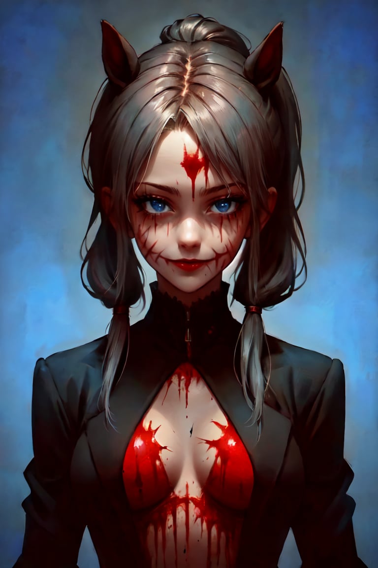 master piece, HD, ultra detailled, high definition, high_res, high_resolution, portrait, 1girl, creepy, pony_tail, elegant_suit, shaded_eyes, (slit_pupils:1.1), blue_eyes, (forced_smile:1.1), cut_checks, scars, psycho face, looking_at_viewer, blood_stains, looby background, dark art, gloomy, glasglow_smile,nodf_lora,slit pupils,fantasy00d