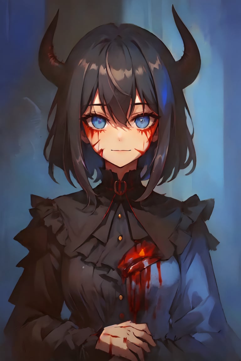 master piece, HD, ultra detailled, high definition, high_res, high_resolution, portrait, 1girl, creepy, short-hair, elegant_suit, shaded_eyes, blue_eyes, slit_pupils, forced_smile, cut_checks, scars, psycho face, looking_at_viewer, blood_stains, looby, dark art, gloomy, glasglow_smile,nodf_lora,slit pupils