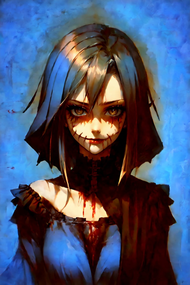 master piece, HD, ultra detailled, high definition, high_res, high_resolution, portrait, 1girl, creepy, short-hair, elegant_suit, shaded_eyes, blue_pupils, (slit_pupils:1.1), (forced_smile:1.1), cut_checks, scars, psycho face, looking_at_viewer, blood_stains, looby, dark art, gloomy, glasglow_smile,nodf_lora,slit pupils