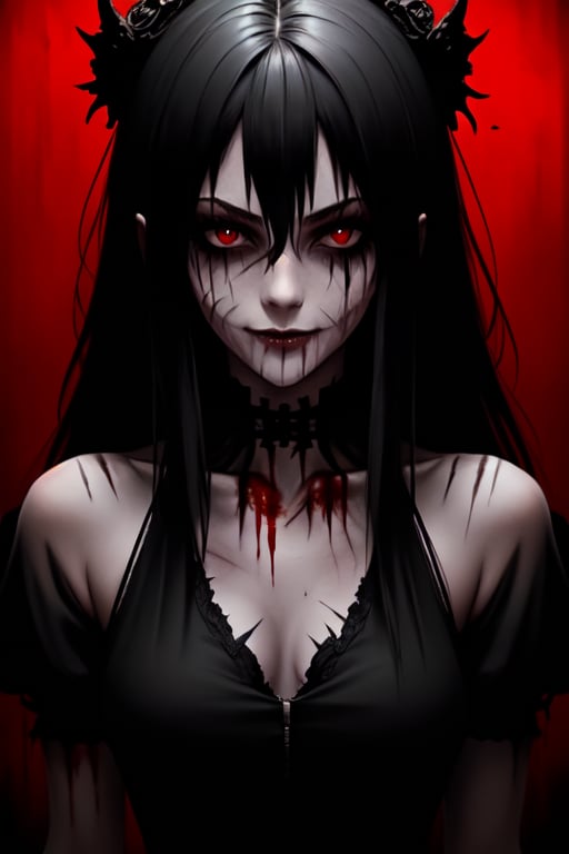 master piece, HD, ultra detailled, high definition, high_res, high_resolution, portrait, 1girl, creepy, shaded_eyes, red_eyes, forced_smile, cut_checks, scars, looking_at_viewer, blood_stains, mirror, dark art, gloomy, glasglow_smile