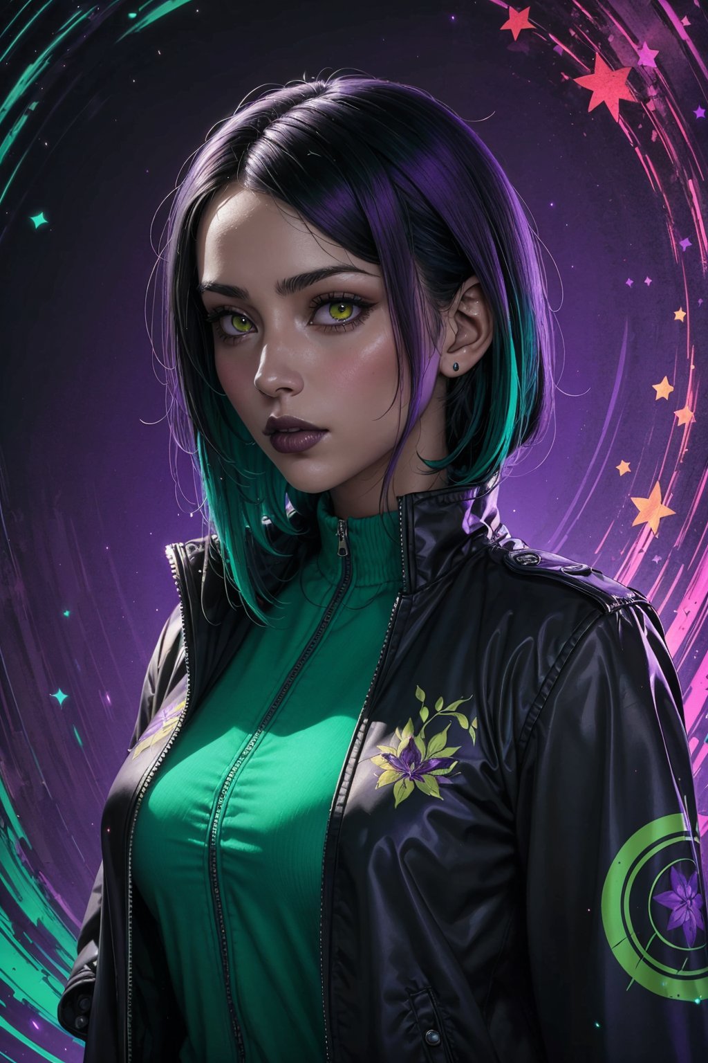 1 girl, alone, a beautiful woman 35 years old, looking at viewer, long hair, blue, green, purple, emo haircut, yellow eyes, milf, bbw, muscular. she wears a dark blue-green and a black jacket, urban psychedelic outfit, psychedelic ghostly background, masterpiece, oil painting, impasto, soft shading, sciamano240, 1girl, Lilith Clawthorne