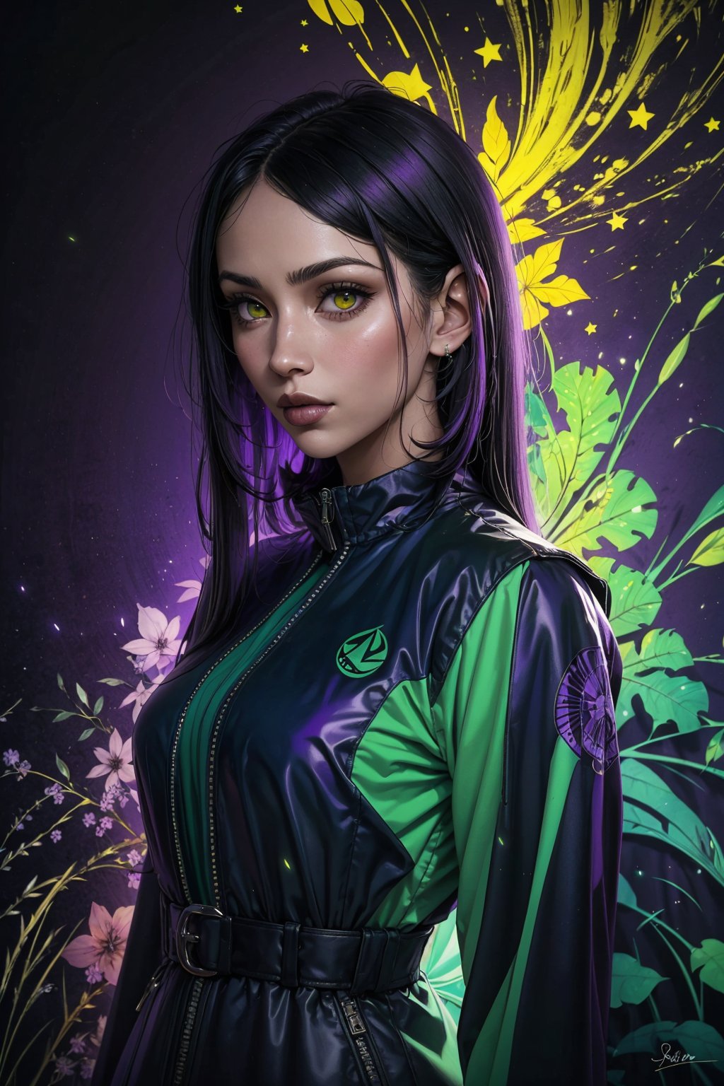 1 girl, alone, a beautiful woman 35 years old, looking at viewer, long hair, blue, green, purple, emo haircut, yellow eyes, milf, bbw, muscular. she wears a dark blue-green and a black jacket, urban psychedelic outfit, psychedelic ghostly background, masterpiece, oil painting, impasto, soft shading, sciamano240, 1girl, Lilith Clawthorne