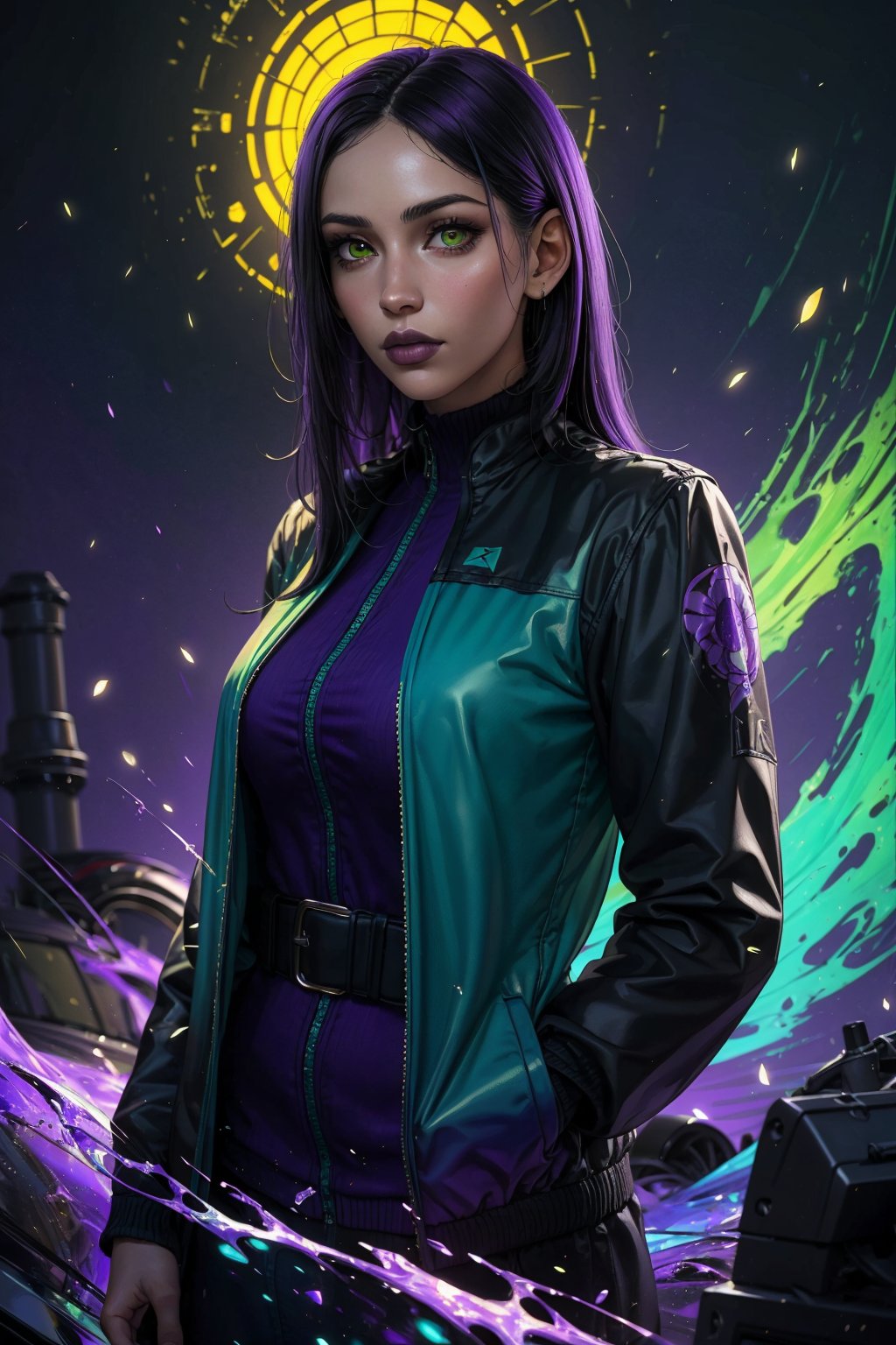 1 girl, alone, a beautiful woman 35 years old, looking at viewer, long hair, blue, green, purple, emo haircut, yellow eyes, milf, bbw, muscular. she wears a dark blue-green and a black jacket, urban psychedelic outfit, psychedelic ghostly background, masterpiece, oil painting, impasto, soft shading, sciamano240, 1girl, Lilith Clawthorne