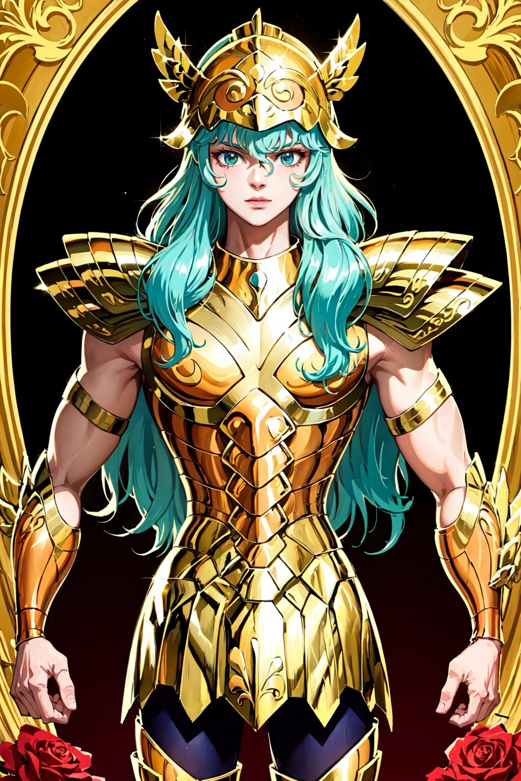 (masterpiece), (best quality), 1boy, aqua hair, long hair, gold armor, helmet, looking at viewer, holding rose, greek temple background,Aphrodite