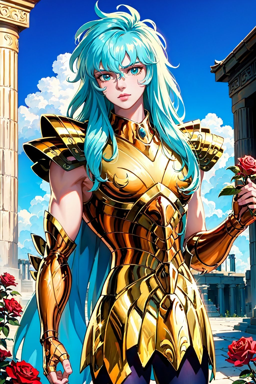 (masterpiece), (best quality), 1boy, aqua hair, long hair, gold armor, looking at viewer, holding rose, greek temple background, outdoors,Aphrodite