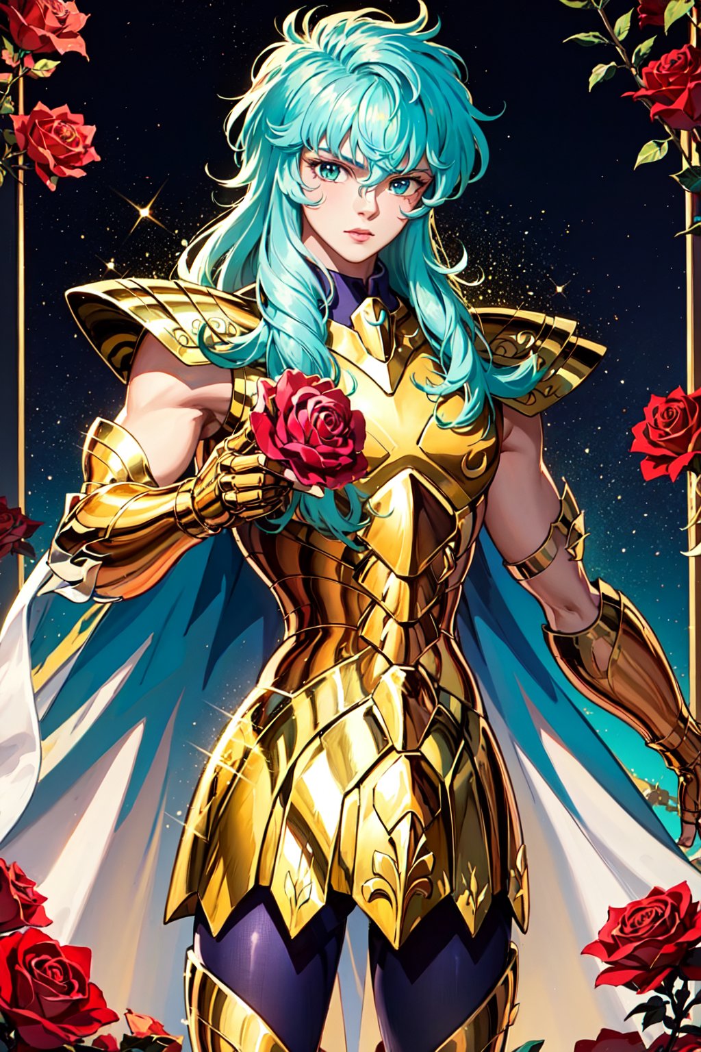 (masterpiece), (best quality), 1boy, aqua hair, long hair, gold armor, looking at viewer, holding rose, greek temple background,Aphrodite