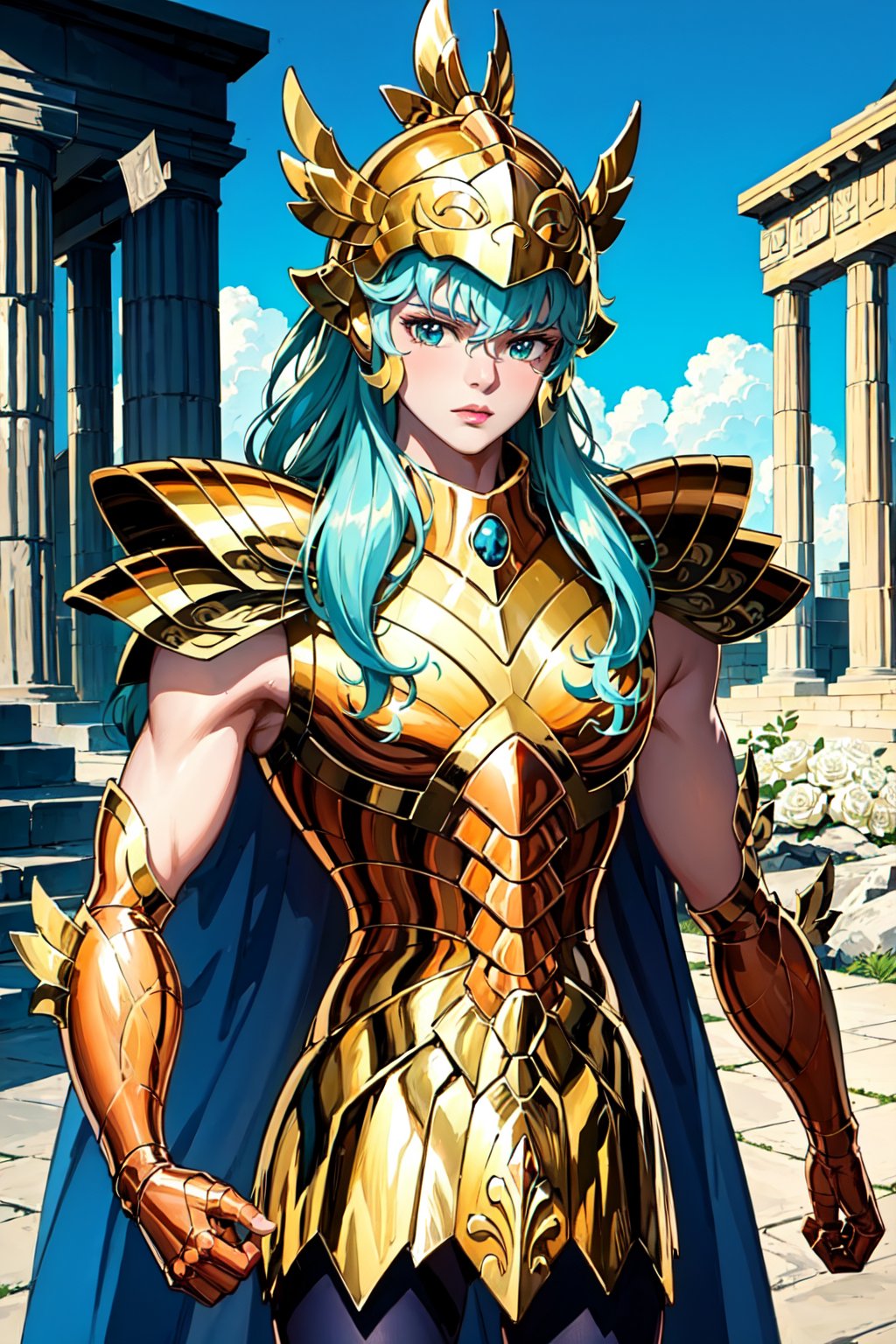 (masterpiece), (best quality), 1boy, aqua hair, long hair, gold armor, (helmet), looking at viewer, holding rose, greek temple background, outdoors,Aphrodite