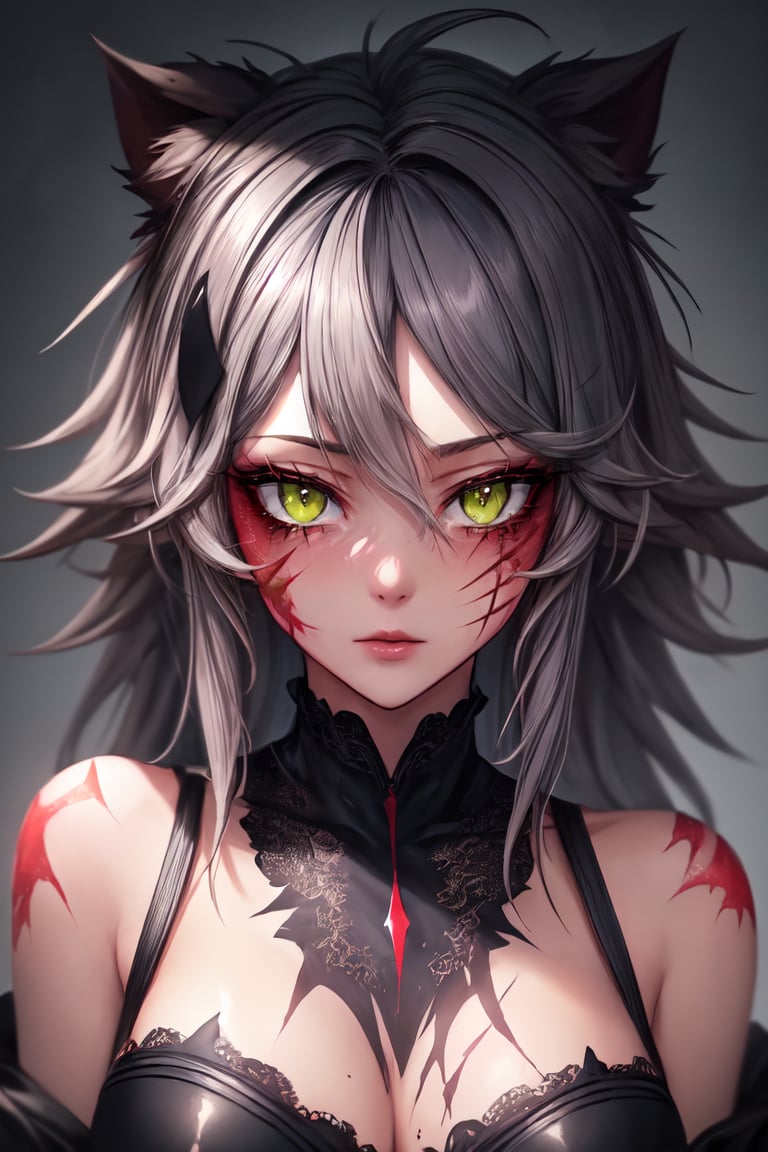 master piece, HD, ultra detailled, high definition, high_res, high_resolution, face_focus, hybrid_girl, messy_hair, (slit_pupils:1.1), green_eyes, scales, scars, looking_at_viewer,slit pupils,fantasy00d