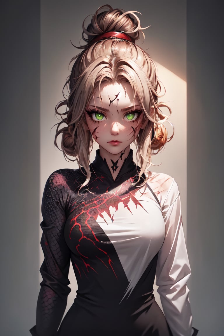 master piece, HD, ultra detailled, high definition, high_res, high_resolution, face_focus, 1girl, messy_bun_hair, long_sleeve_shirt, (slit_pupils:1.1), green_eyes, scales, scars, looking_at_viewer,slit pupils,fantasy00d